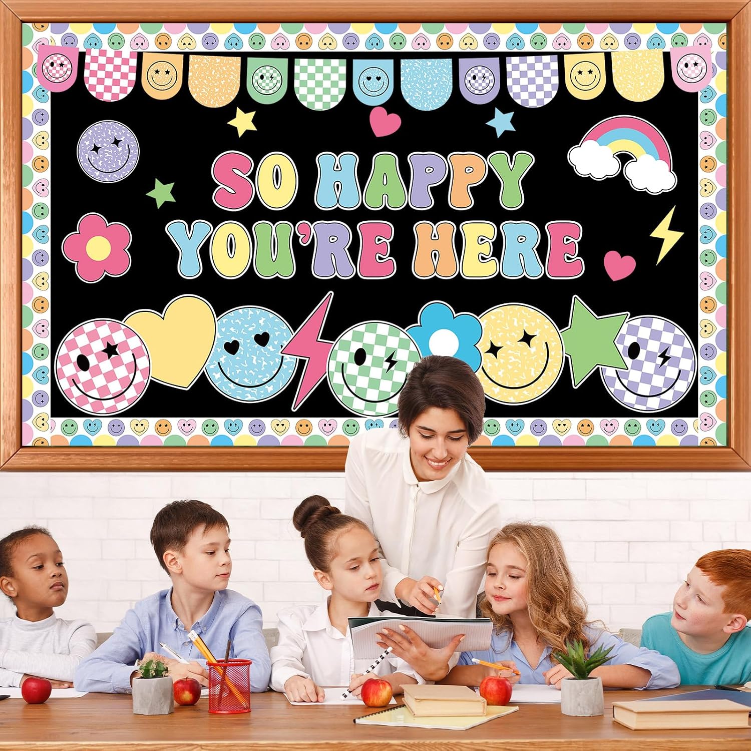 Retro Smile Face Bulletin Board Set So Happy You are Here Groovy Classroom Decor Colorful Smile Face Cutouts for Back to School Home Office Wall Door Chalkboard Decord image 4
