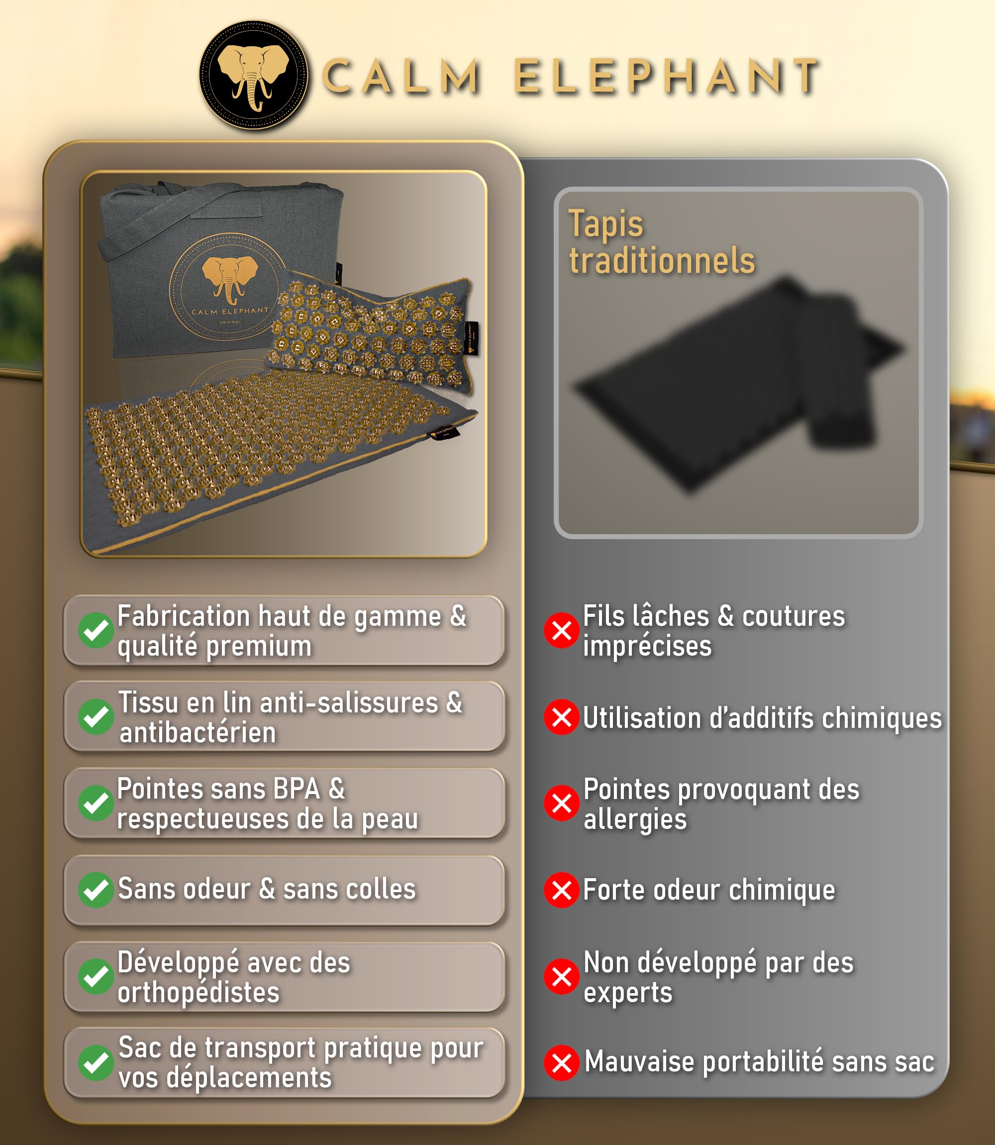 CALM ELEPHANT ORIGINAL XL Tapis Acupression PURE ECO et Coussin Ergonomique, Tapis Champ de Fleurs, Soulagement Dos, Cou & Épaules, Réflexologie, Anti-Stress, Méditation, fonction chauffante et sac