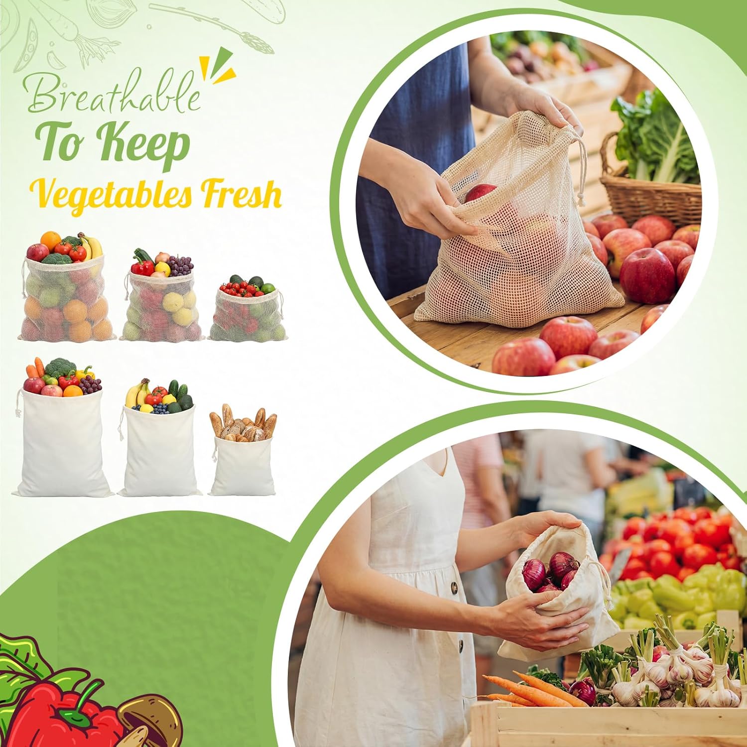 18 Pcs Reusable Produce Bags Washable Set- 6 Muslin Cotton Drawstring Bags +12 Cotton Mesh Produce Bag Lightweight Heavy Duty Durable for Fruit Vegetable Grocery Storage