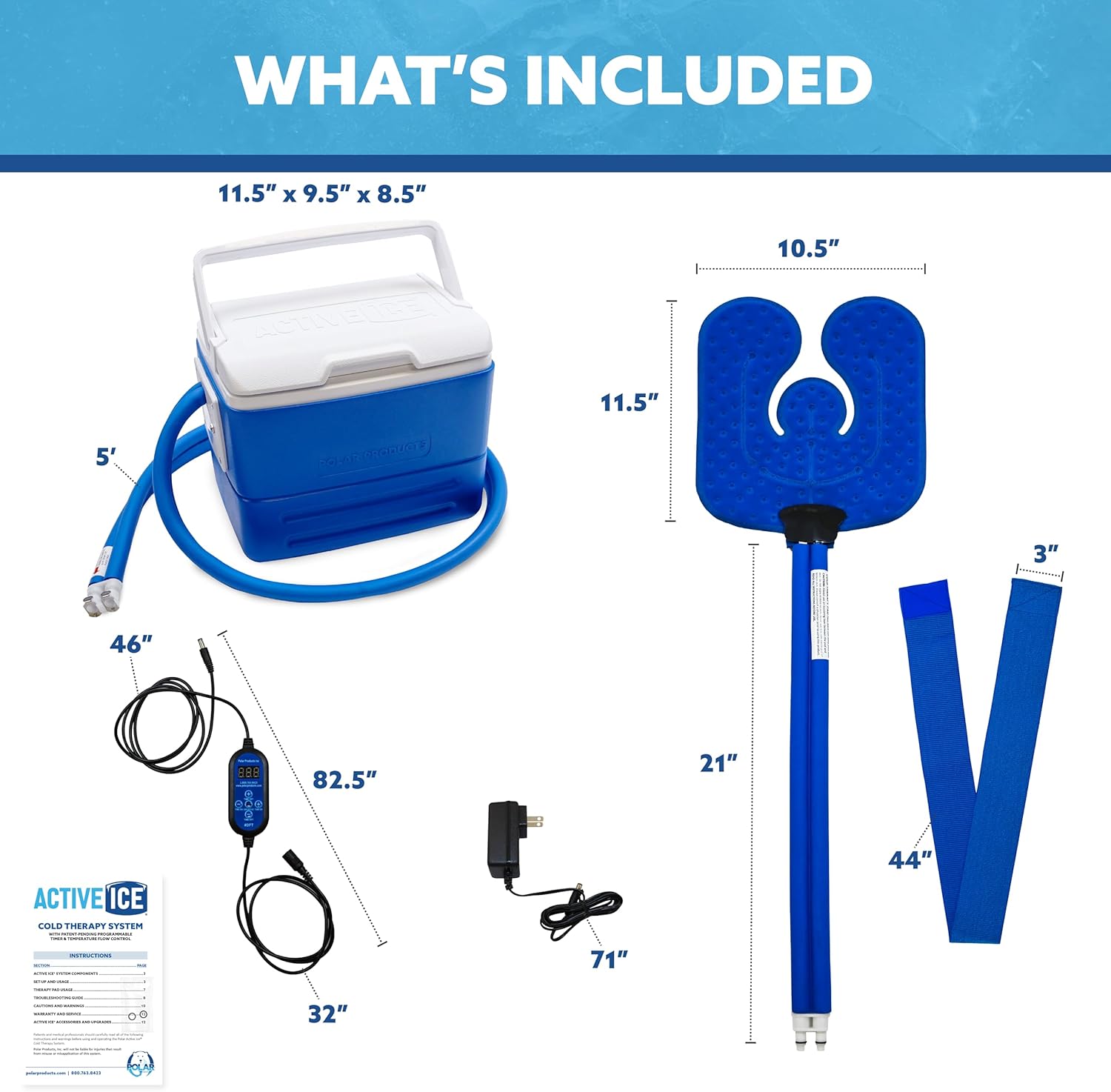 polar active ice 3.0 | 9 qt cold therapy ice machine| programmable timer | 6 in 1 universal pad | cryotherapy pain relief system | ace bandage style compression