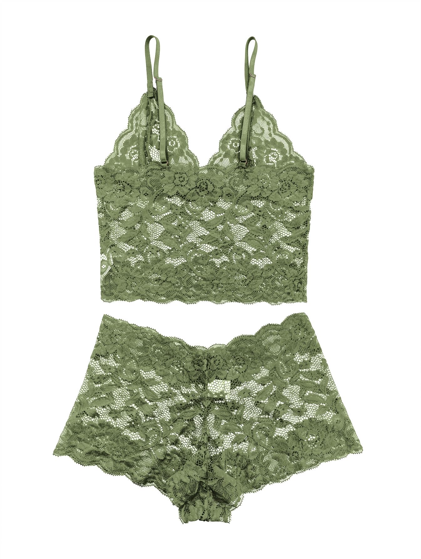 Lilosy Sexy Sheer Floral Lace Pajamas Lingerie Set High Waist Sleepwear Bra and Panty 2 Piece Nightwear: X-Large Olive Green