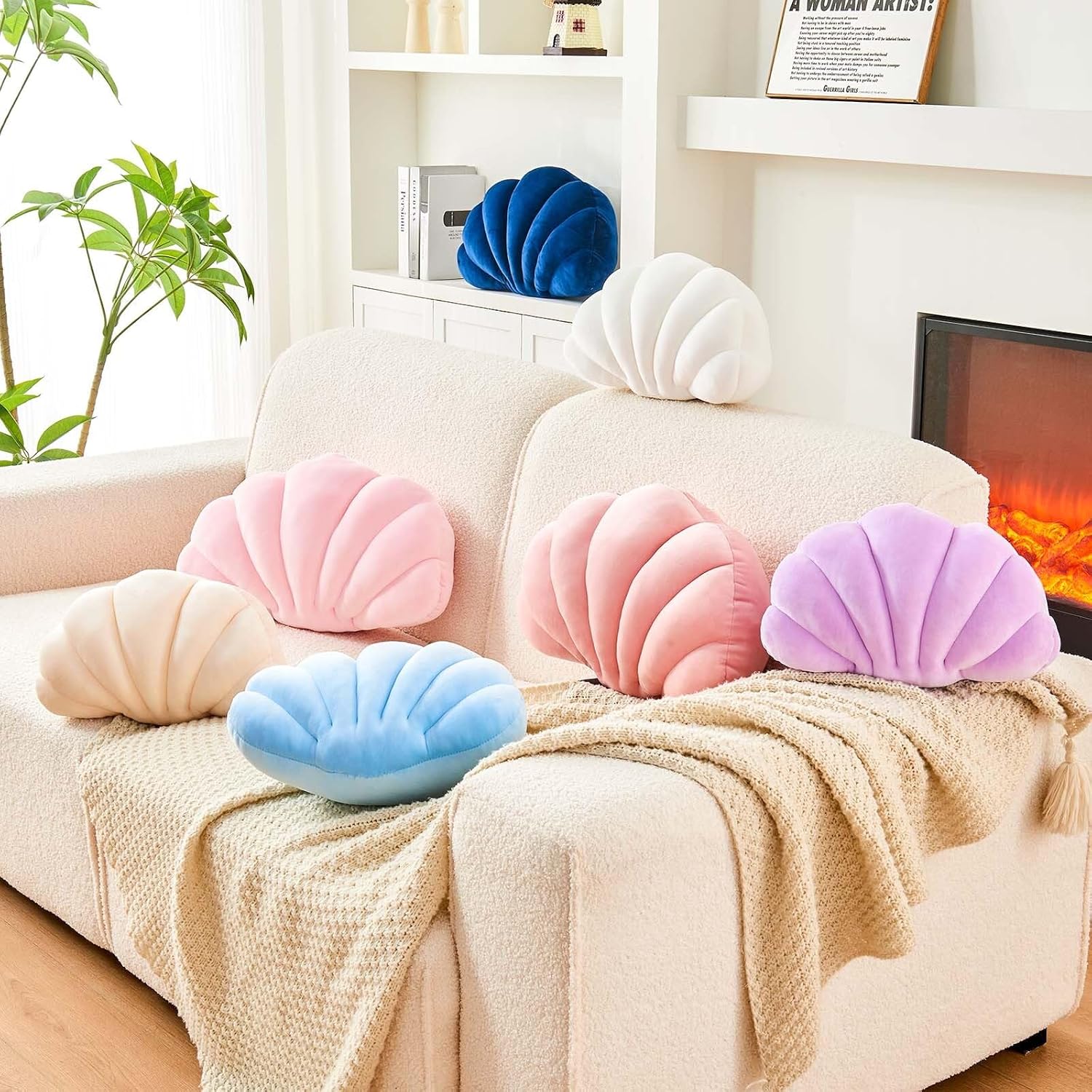 Uvvyui Blue Velvet Sea Shell Shaped Throw Pillow, 18x13 Inch, Soft PP Cotton Fill, Modern Beach Room Decor