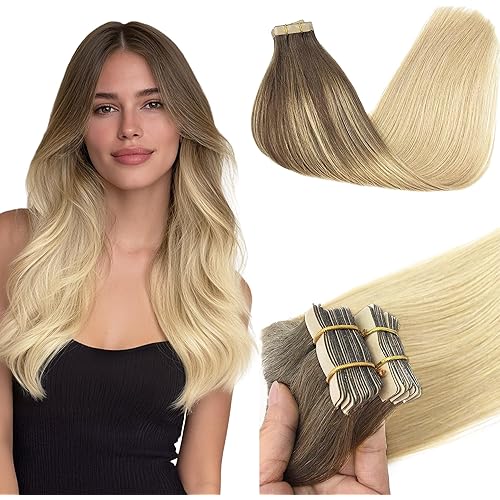 GOO GOO Tape in Hair Extensions Human Hair, 4/18 Balayage Chocolate Brown Highlighted Dirty Blonde, 24inch 50g 20pcs, Skin Weft Seamless Invisible, Silky Straight with Thick Ends, Remy Human Hair
