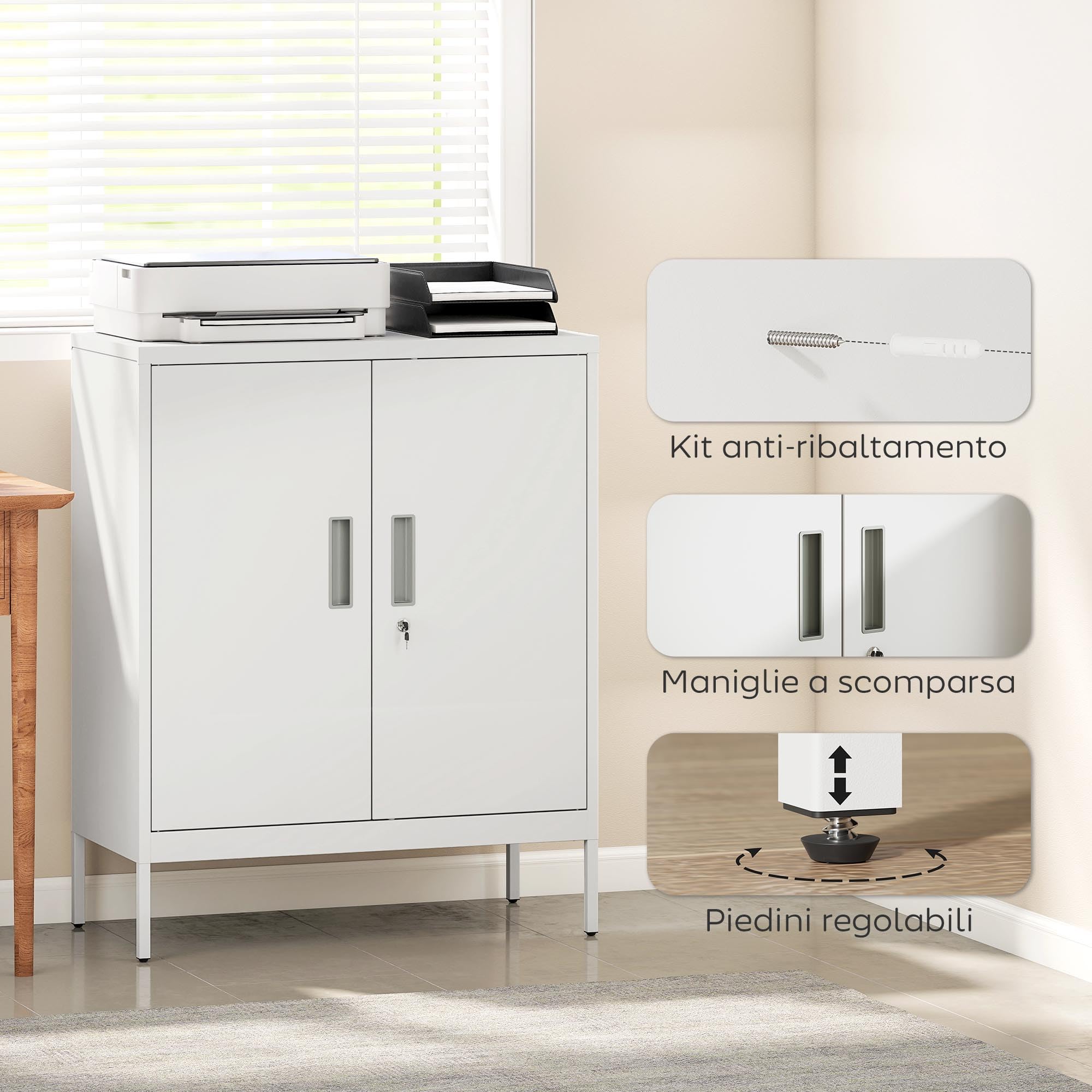 HOMCOM Armadio Portadocumenti a 2 Ante in Acciaio, Schedario da Ufficio con Ripiani Regolabile su 25 Livelli e Serratura, Mobiletto Multiuso Portaoggetti, per Ufficio Studio, 80x40x100 cm, Bianco