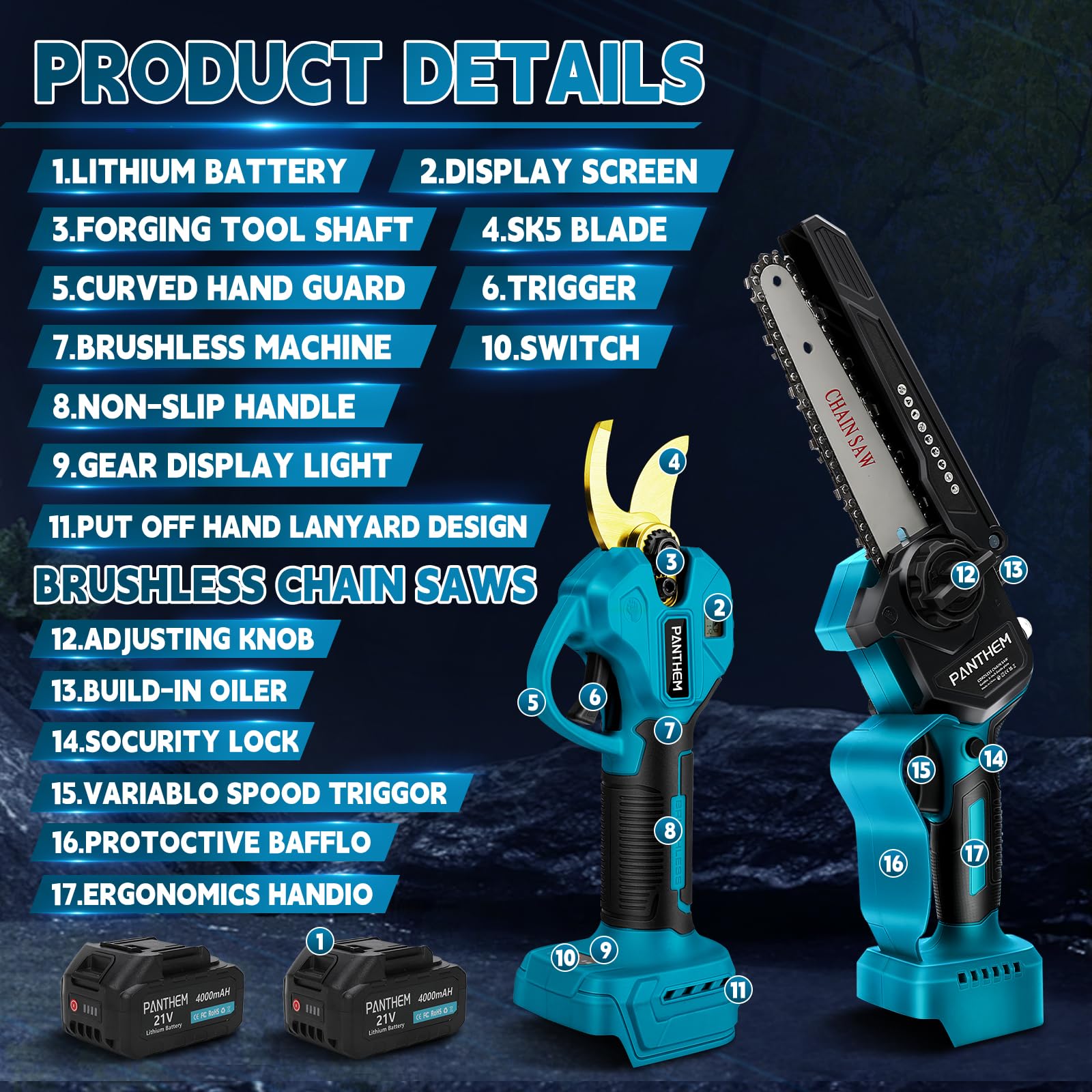 Mini motosierra 4 en 1 con batería y sierra telescópica 21 V 4000 mAh | de 45 mm para Makita 18 V, tijeras de podar eléctricas, tijeras de podar con barra telescópica