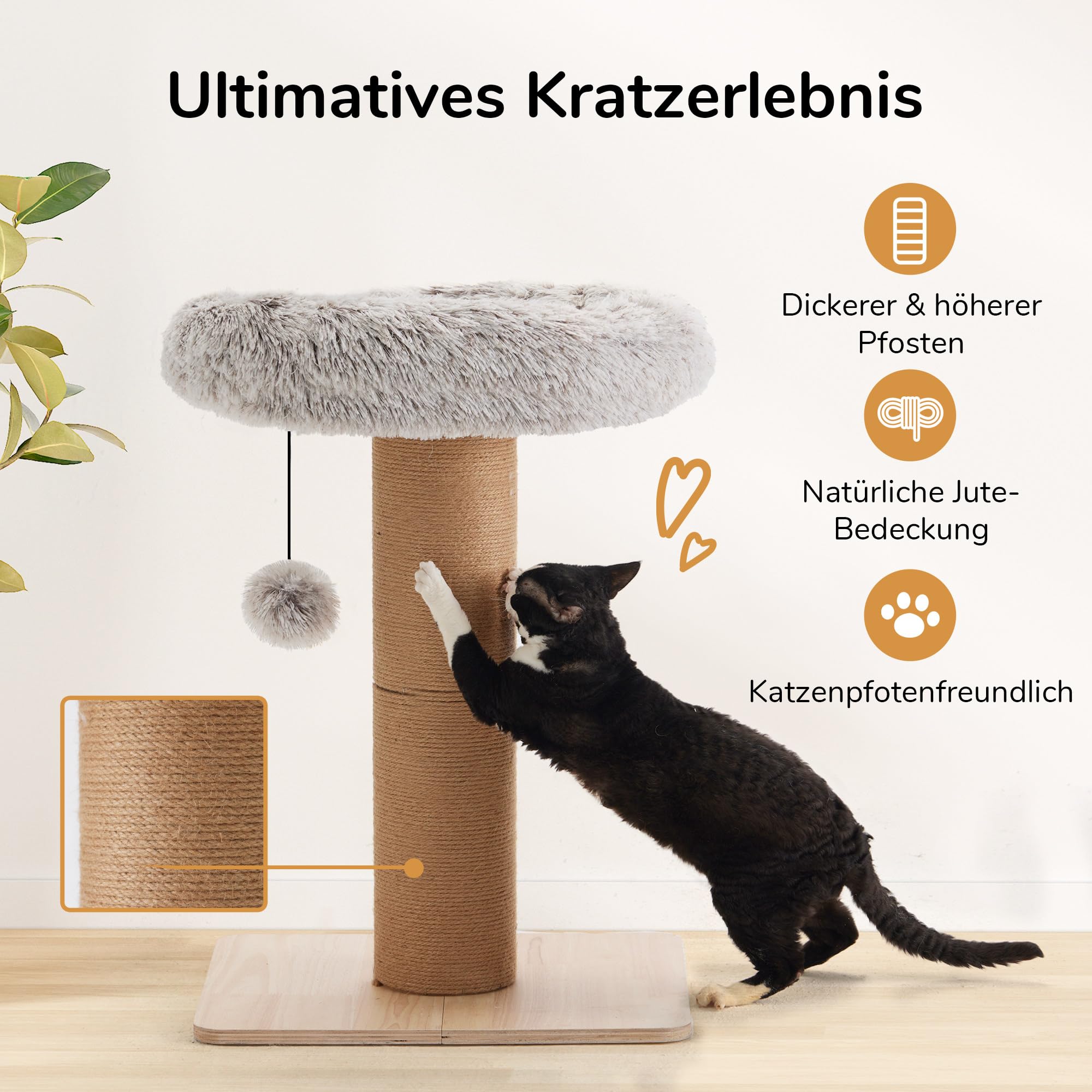 FUKUMARU Katzenkratzbaum, 71 cm hoher Kratzturm, Durchmesser von 14 cm Dicker Jutestamm（Große Kratzfläche）,53x53cm Plattform, für Katzen zum Kratzen und schlafen.