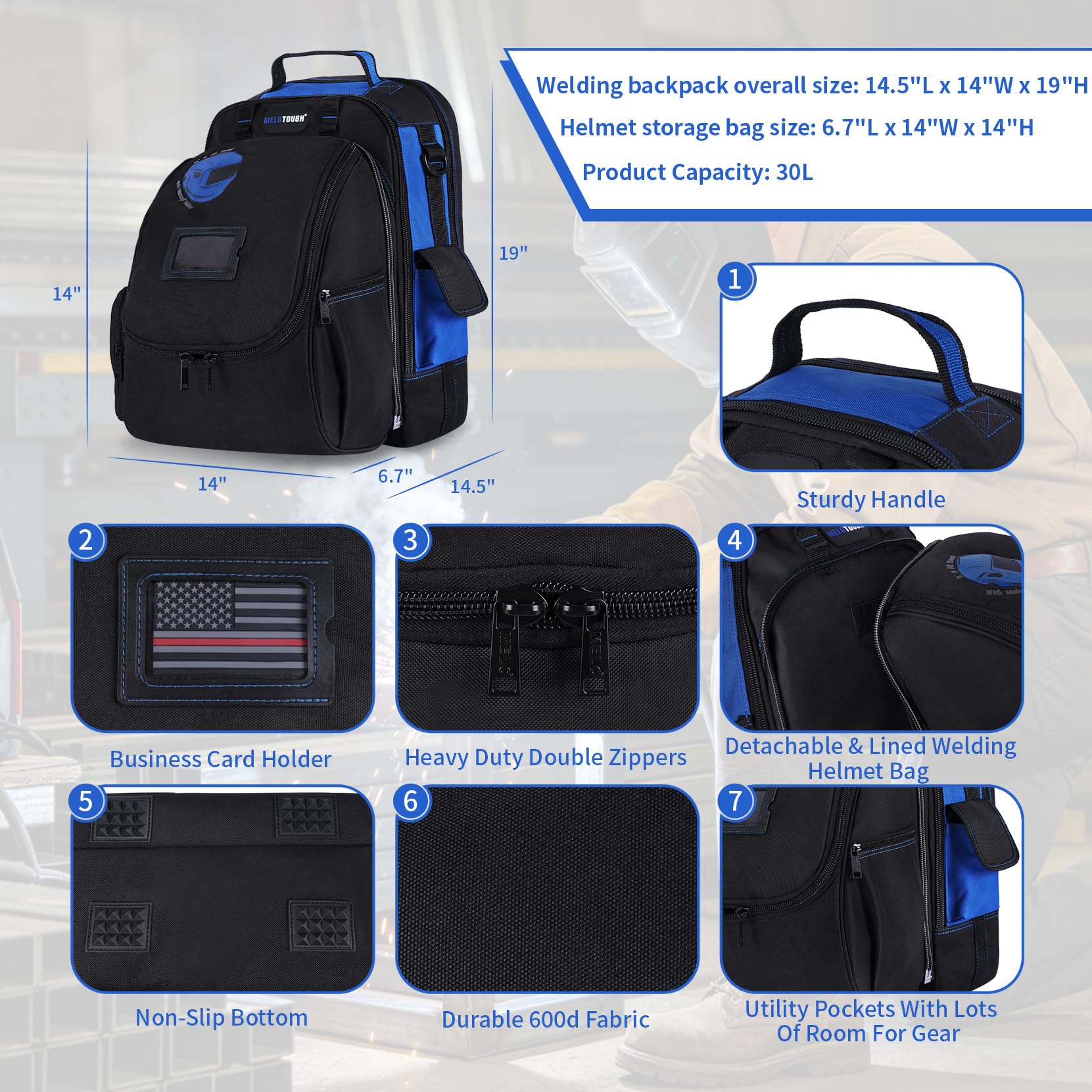MELOTOUGH Sac à dos pour outils d'électricien avec loquet de casque, sac de rangement robuste pour électricien, charpentier, ouvrier, construction, chauffage, climatisation, soudeur (bleu)