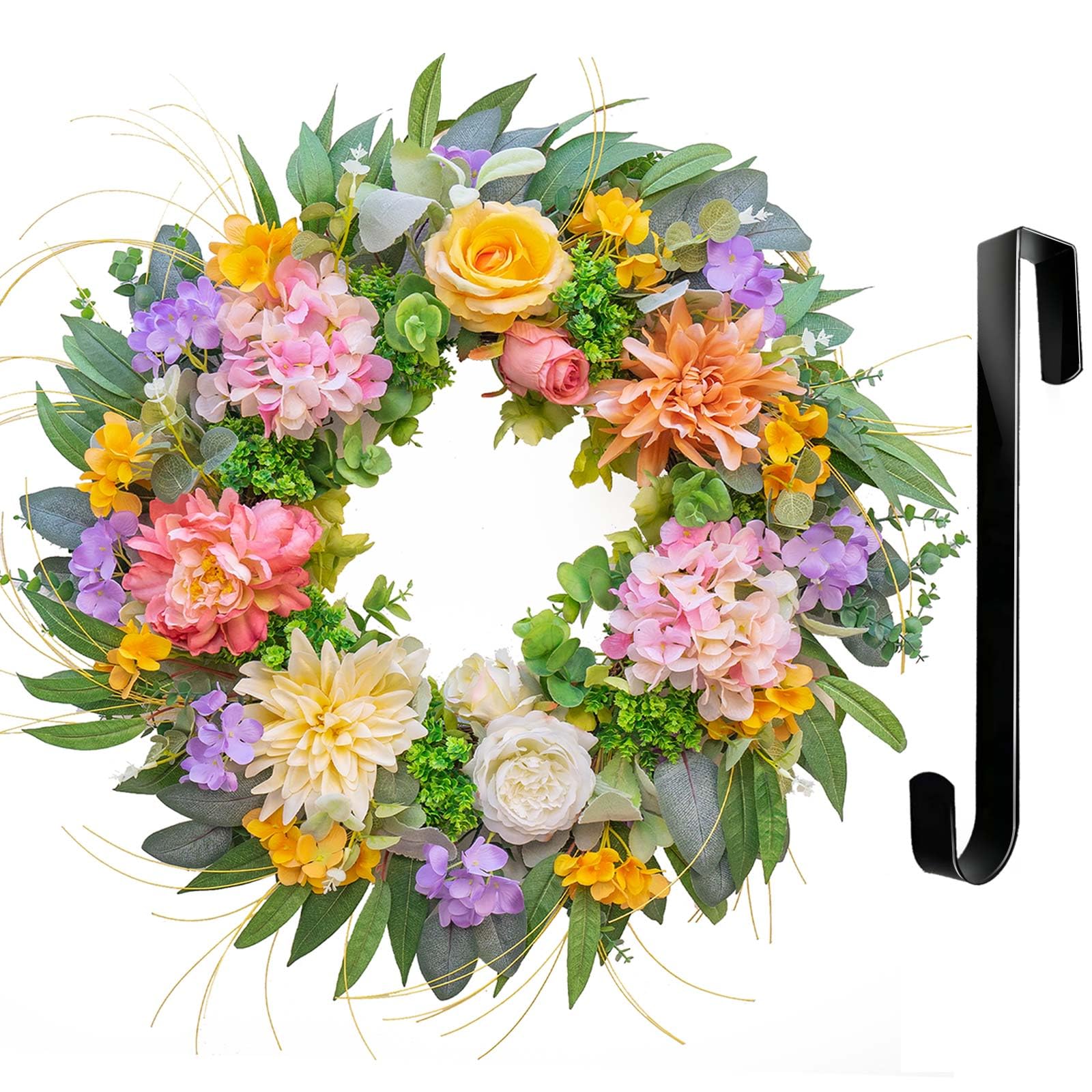 23 Inch Spring Wreath With Blue Green Hydrangeas - Outdoor Indoor Floral Door Wreath For All Seasons
