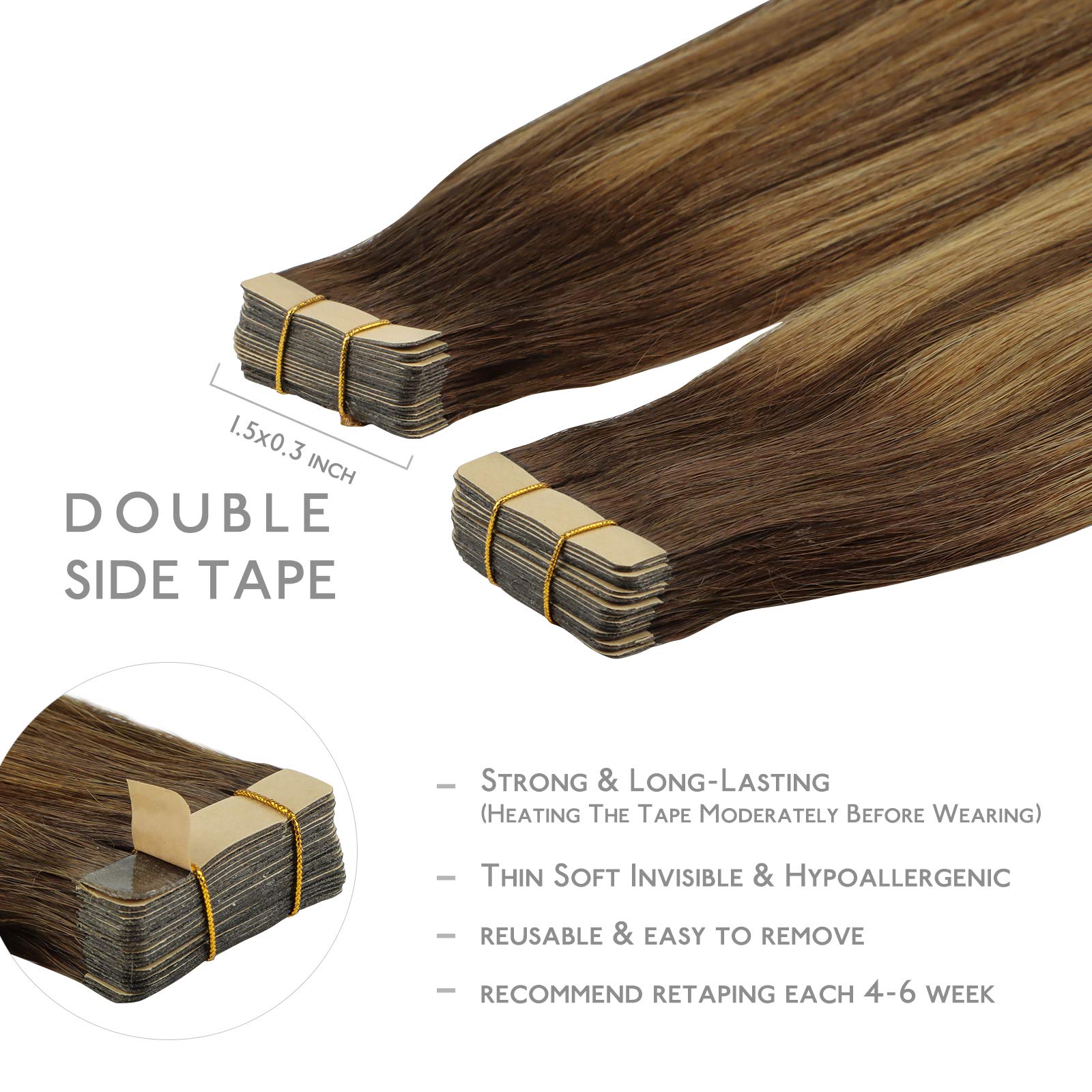WENNALIFE tape Real Hair Extensions, 20 Pieces, 50 g, 40 cm/16 Inches, Balayage Chocolate Brown to Caramel Blonde, Remy - Image 3