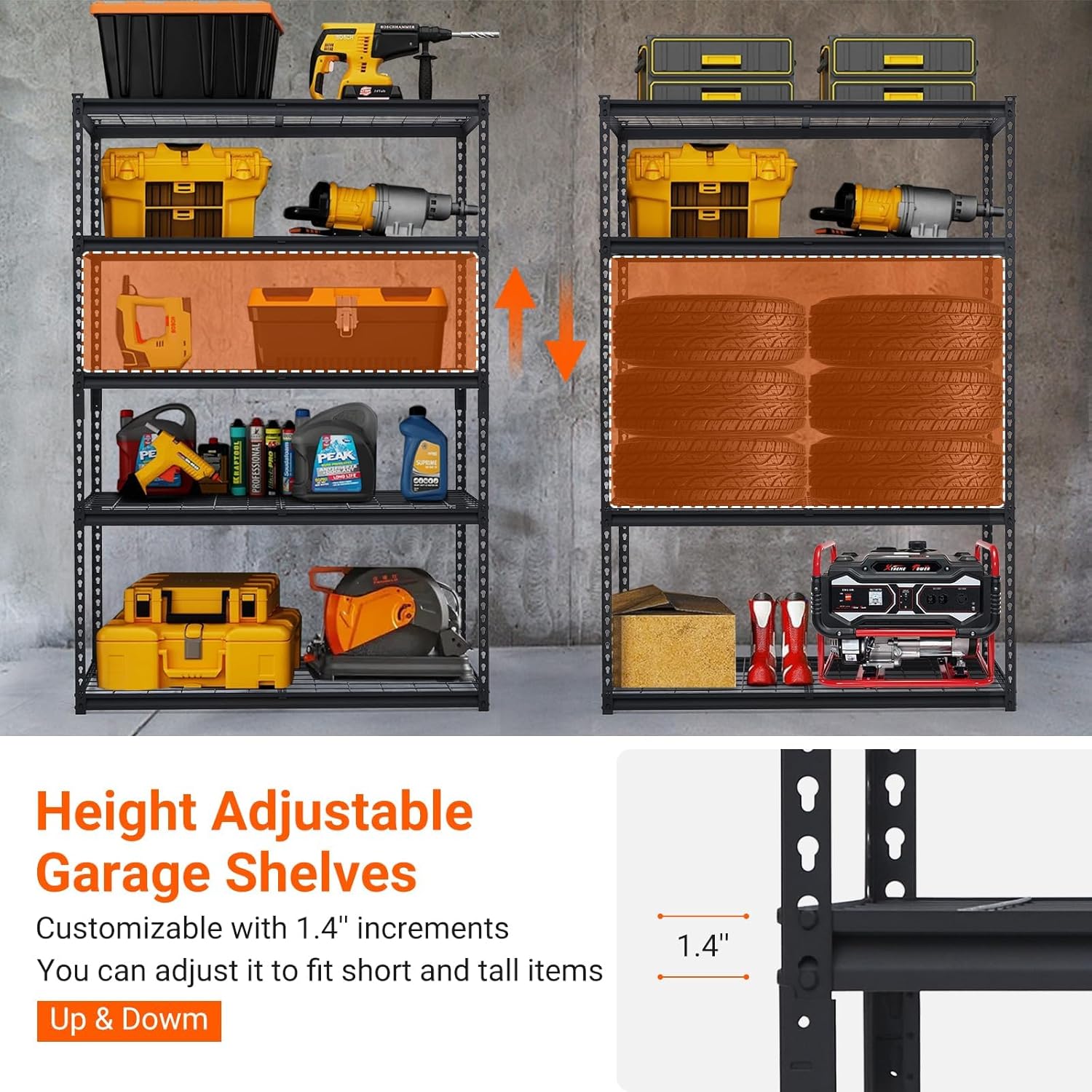 Garage Storage Shelves 5 Tiers, Heavy Duty Storage Shelving Racks with 2500 LBS Capacity, 48 in L x 18 in W x 72 in H Metal Adjustable Utility Shelving Unit for Garage Organization, Basement, Workshop