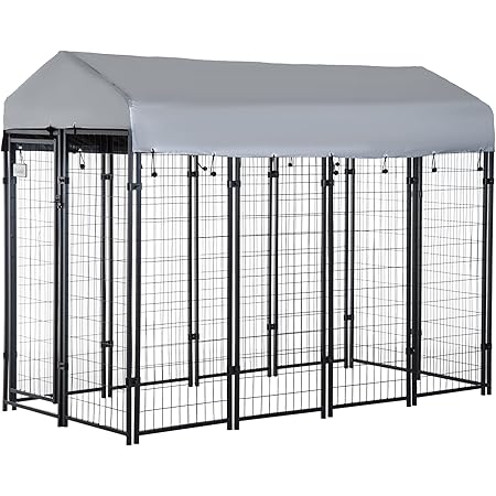 PawHut Large Outdoor Dog Kennel Galvanized Steel Fence with UV-Resistant Oxford Cloth Roof & Secure Lock