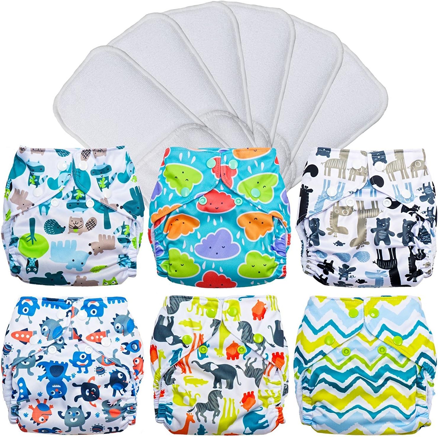 FuzziBunz Pocket Cloth Diapers 6 Pack Bundle with Inserts (Gender Neutral Print, One Size (15-30 lbs)