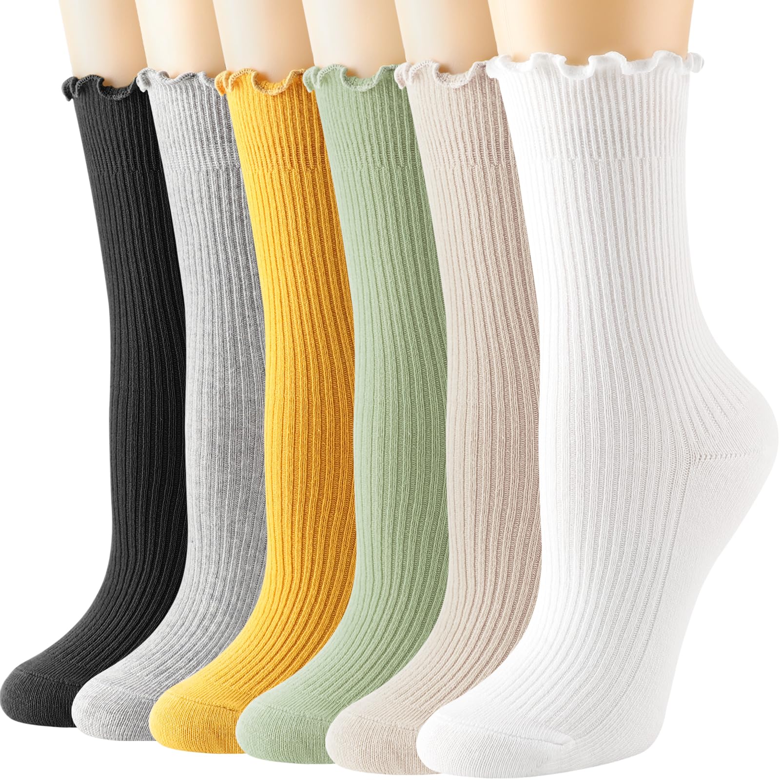 DRESHOW Womens Ruffle Socks Cotton Turn-Cuff Casual Ankle Socks Breathable Lettuce Crew Knit Frilly Sock 6 Pack