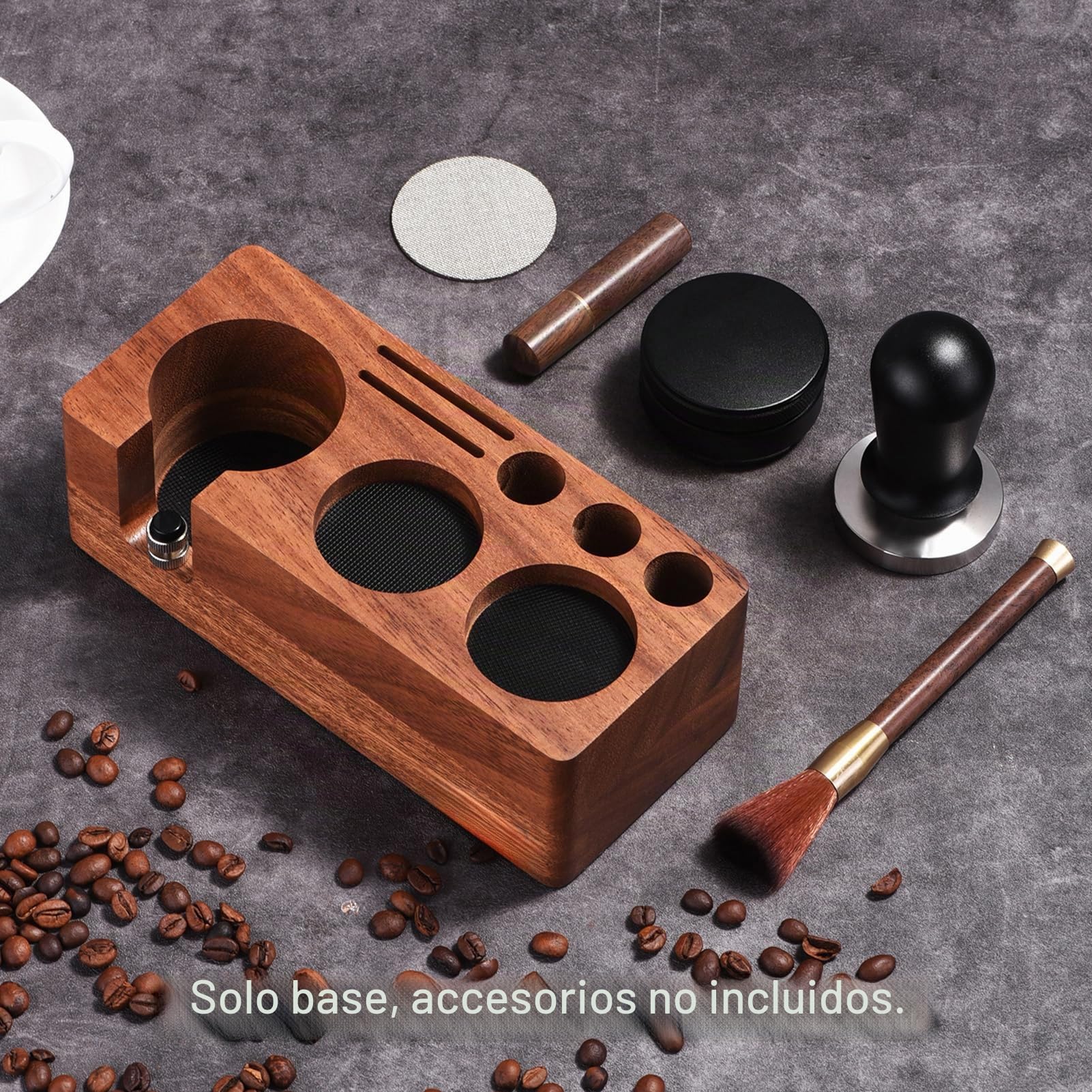 LingTing ​Estación de Prenado Espresso 51/54MM en Nogal Macizo - Base Anti-Presión para Cafetera Profesional, Organizador de Encimera con Soporte para Tamper