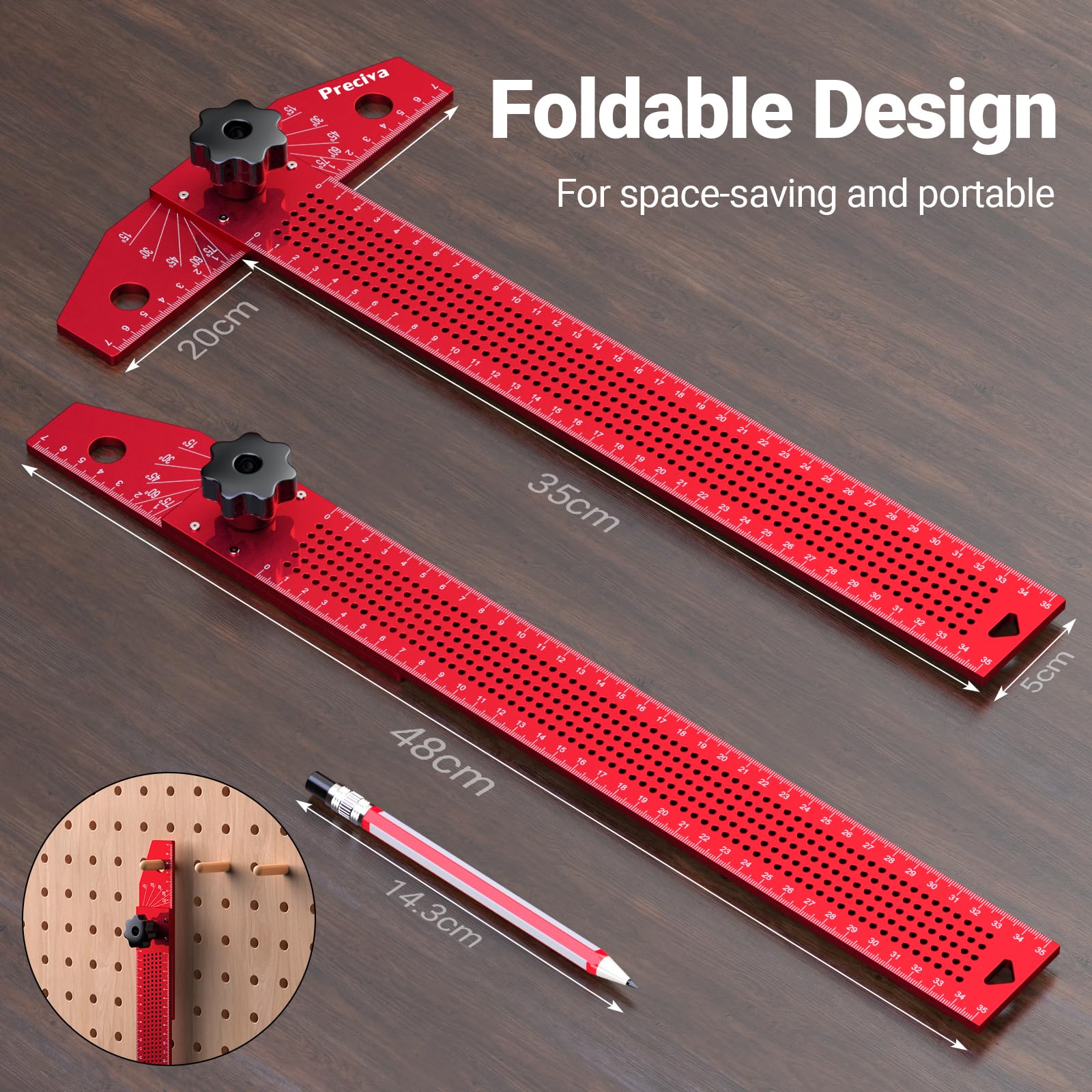 Preciva T-Lineal 350 mm Aluminium, Winkelschmiege mit Winkelmesser und Anreißlineal, Verstellbarer Anschlagwinkel 15-90°, Kombinationswinkel mit Markierstift für Holzarbeiten, Zeichnen und DIY