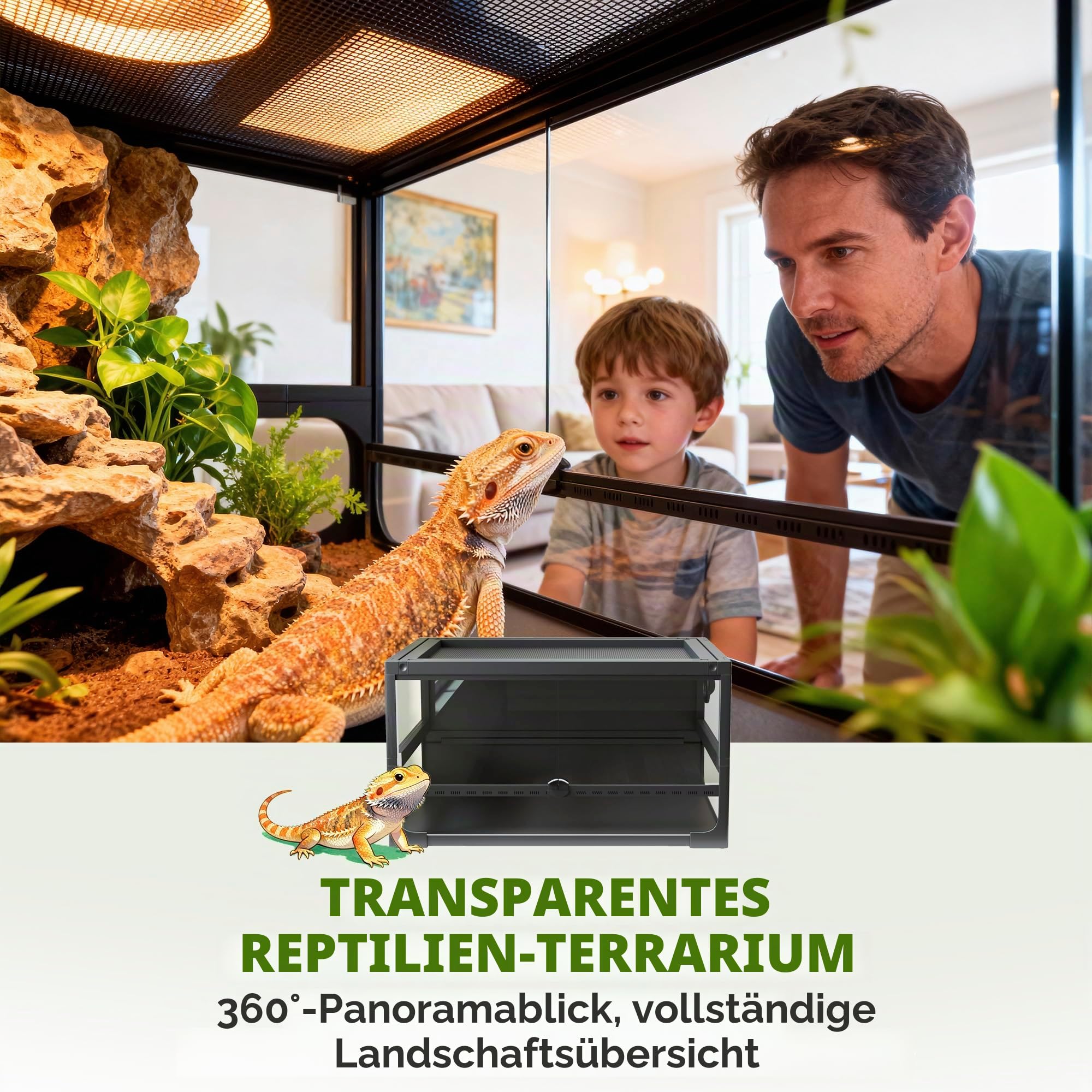 PawHut Faltbares, erhöhtes Reptilienterrarium 60x45x32 cm mit Schloss, Tür für Fütterung, Belüftung und 360° Sicht, Reptilienterrarium aus gehärtetem Glas mit Drahtgeflecht für Echsen, Spinnen