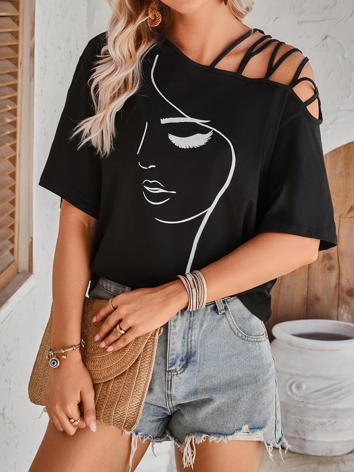 SOLY HUX Women's Figure Graphic Tees Criss Cross Cut Out Half Sleeve T Shirt Summer Tops - Image 4