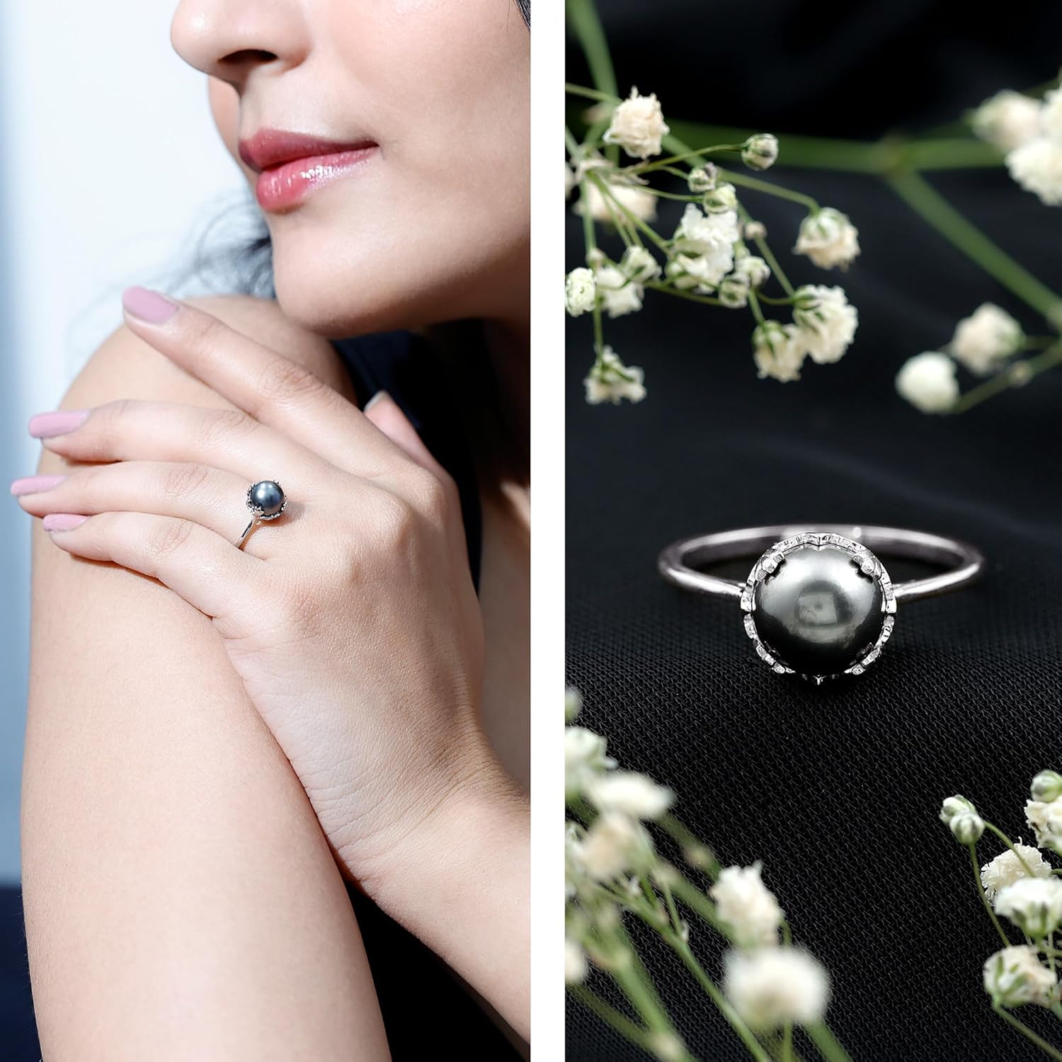 Natural Black Pearl Engagement Ring, AAA Quality, Handpicked 8mm Tahitian Pearl Vintage Inspired Ring - Gift for Women