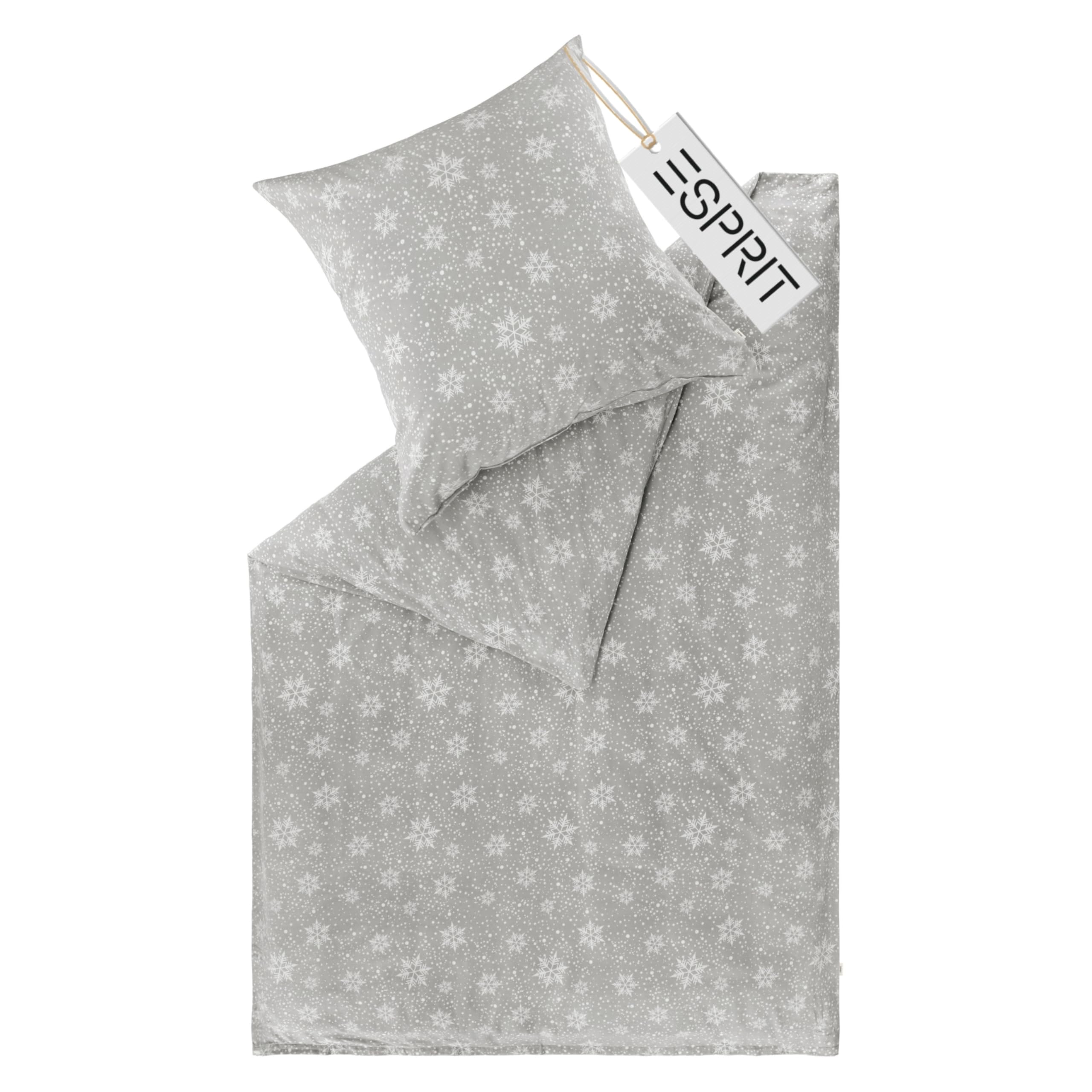 Esprit 2-częściowy komplet pościeli flanelowej 135 x 200 cm, bawełna szara płatki śniegu – przytulny i puszysty – 135 x 200 cm – poszewka na kołdrę i poszewka na poduszkę 80 x 80 cm – zima i Boże