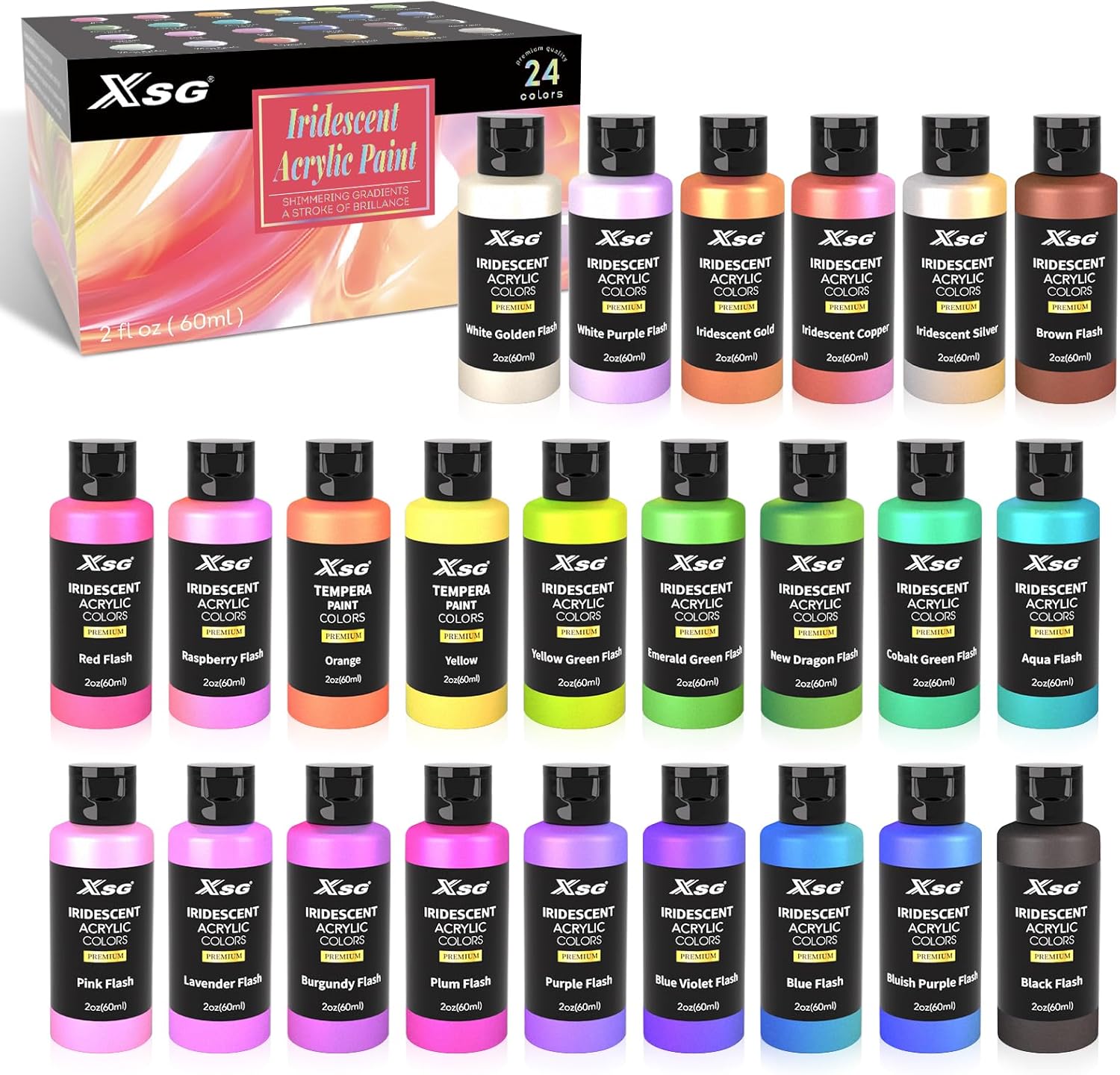 24 Color Iridescent Acrylic Paint 60mL - Superior Coverage, Blendable, Fast Drying Versatile Craft Paint for Canvas, Wood, Rock, Fabric & Holiday Decor
