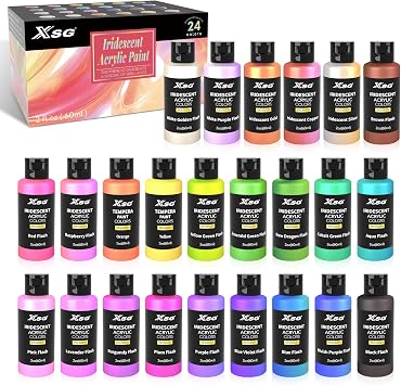 24 Color Iridescent Acrylic Paint 60mL - Superior Coverage, Blendable, Fast Drying Versatile Craft Paint for Canvas, Wood, Rock, Fabric & Holiday Decor