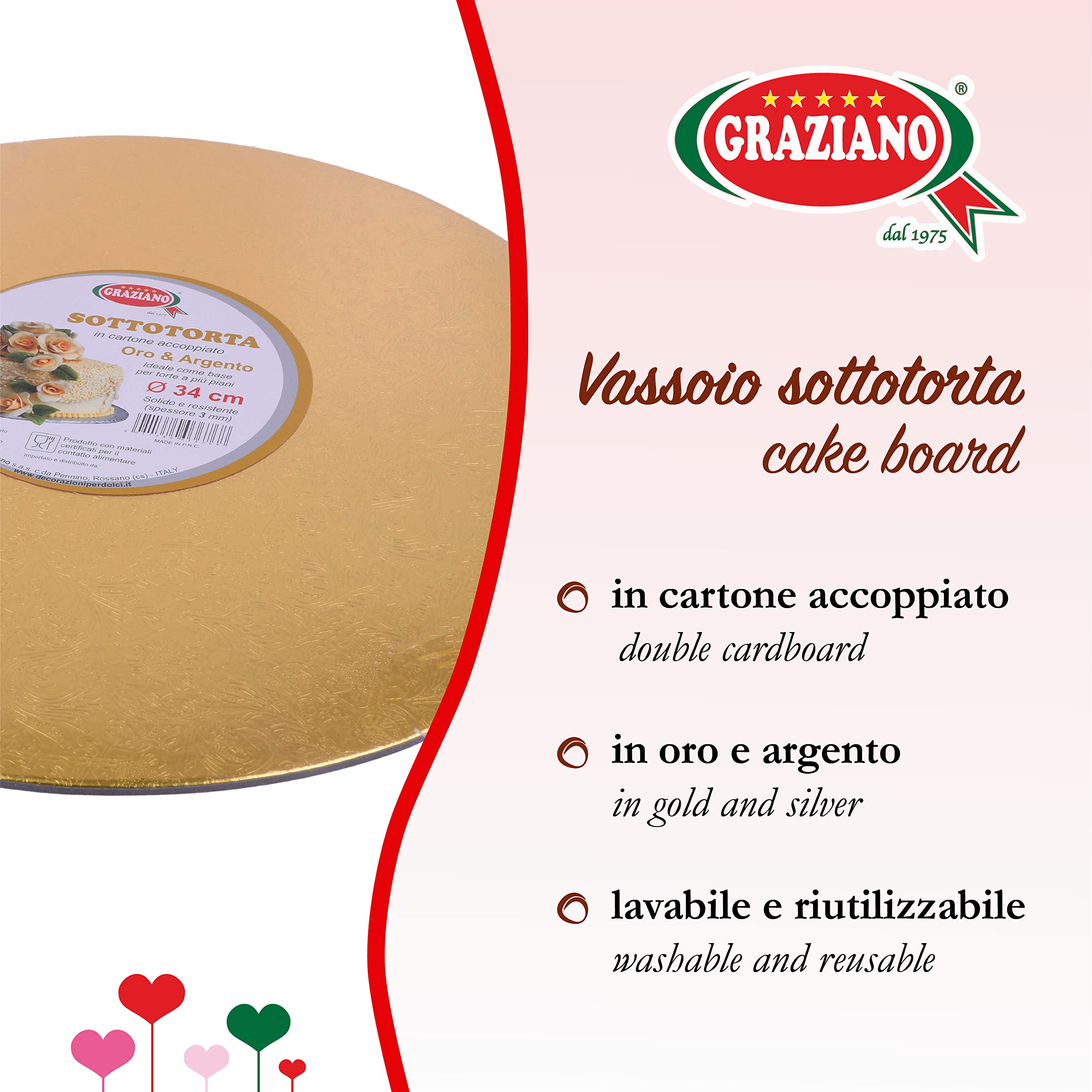 Graziano, Cakeboard złota podstawka na tort, elegancka twarda taca na ciasto, idealna do przenoszenia ciast, ale także wielopoziomowych ciast, łatwa do mycia, ø34 cm