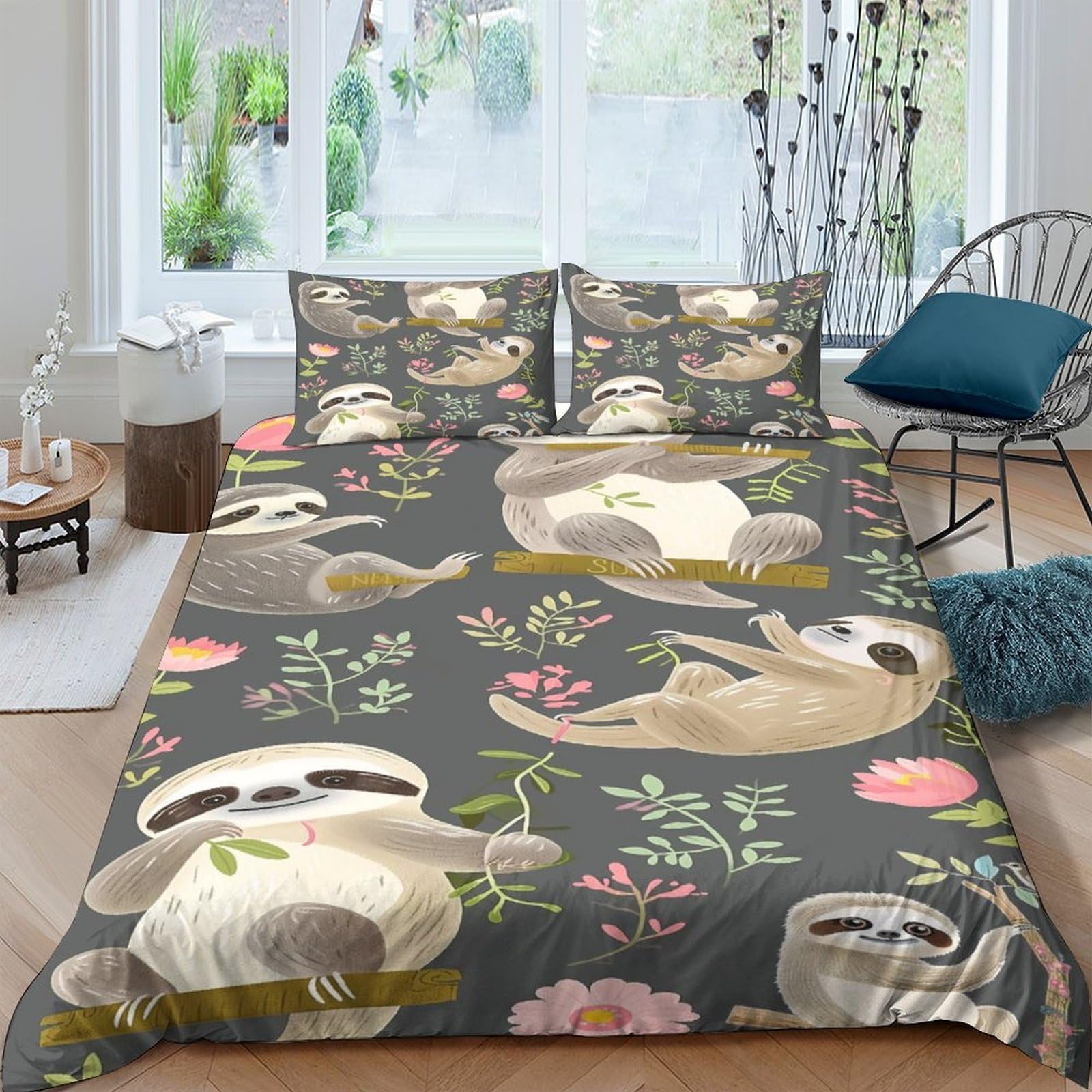 Ctjqhvkz Style-4 3D Printed Sloth Floral Fitted Sheet Microfiber Soft Breathable Animal Bed Cover For Bedroom Dorm Guest Room Decor Single（135X200cm）