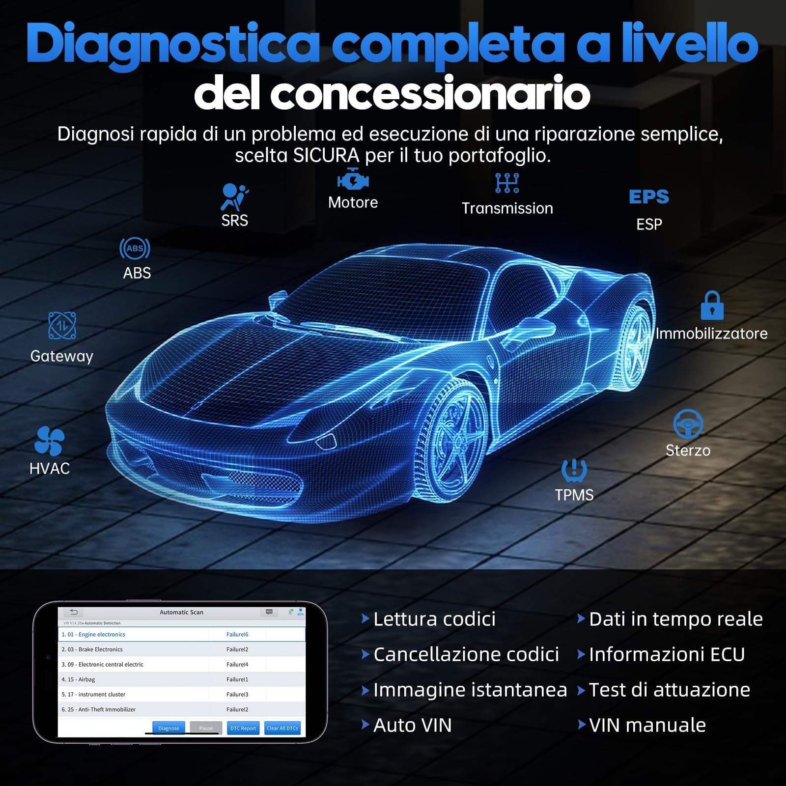 XTOOL A30M OBD2 Auto Diagnostica, Diagnosi Auto Wireless BT con 26+ Reset, Contrôle Bidirectionnel/Test Attivi e Lettura Codici Errore per Tutti i Sistemi, FCA & CANFD, Compatibile con Android e IOS
