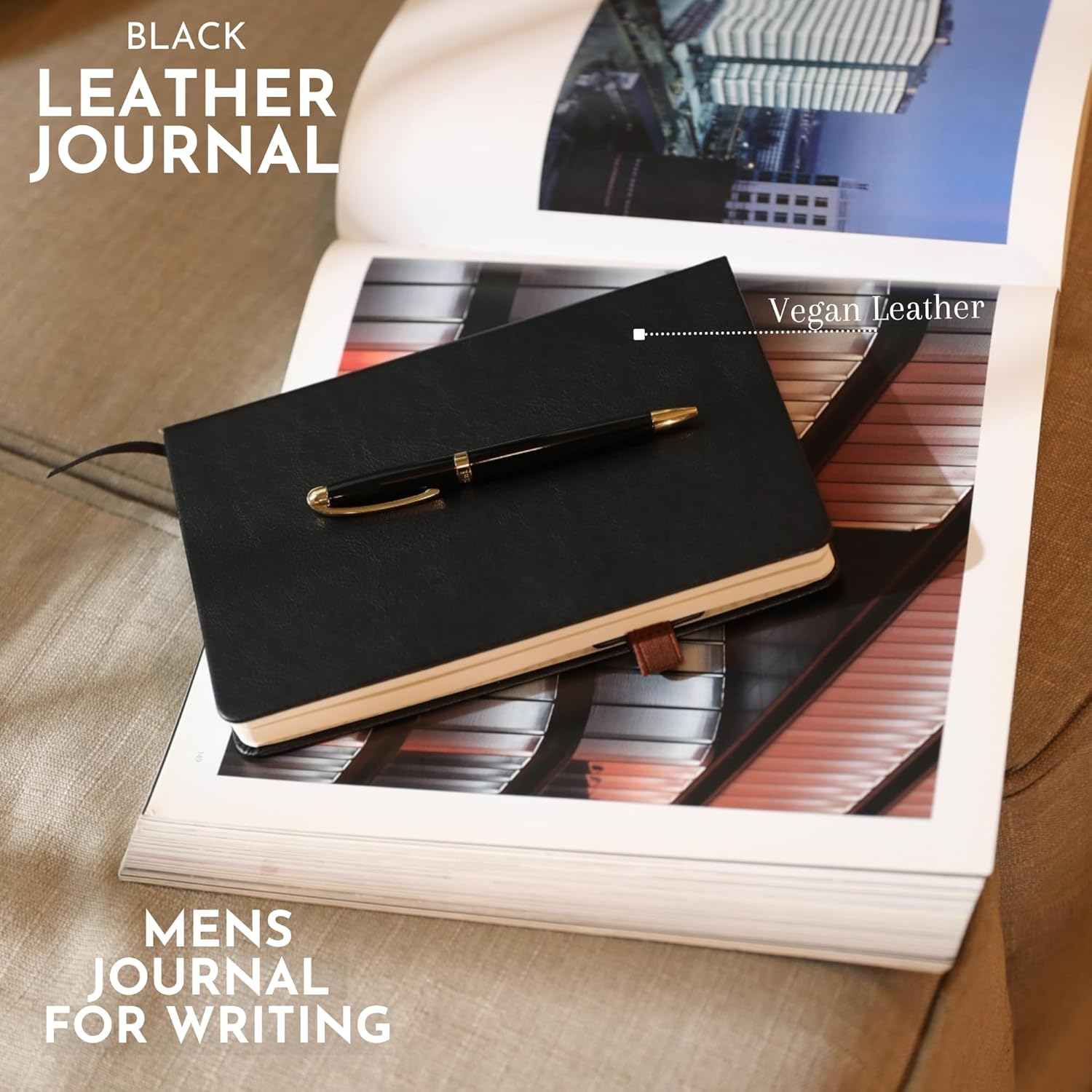 SETTINI Journal Notebook for Writing, Vegan Leather Hardcover Notebook - Pen loop, Back Pockets & Lay-Flat design, 120 GSM A5 College ruled Bleed free Paper, Gift Set for Men and Women, Onyx Black - Leather Journal for Men