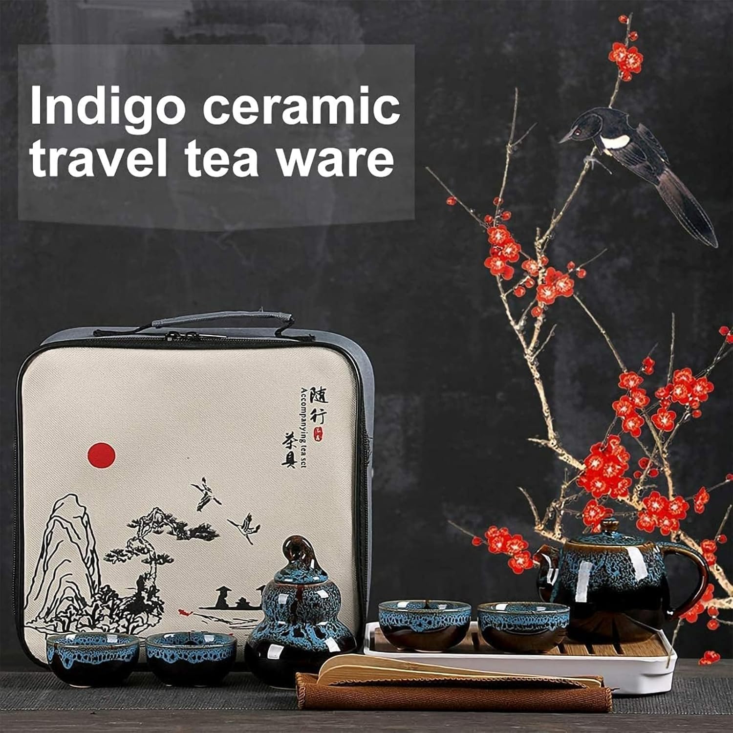 Porzellan Chinesisches Kongfu Tee Set, Tragbares Porzellan Reise Teeservice mit Teetasse, Teekanne, Teematte Bambus Tablett, Teeklammer, Geschirrtuch und Tragetasche Geeignet für Reisen