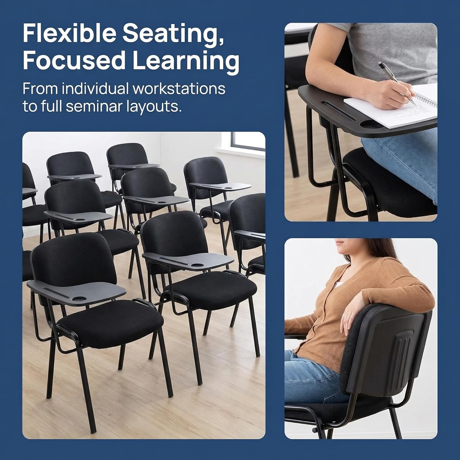 HNY Black Tablet Arm Chairs Set of 10, Mesh Office Waiting Room Guest Nesting Stacking Chairs, Reception Chairs with Flip-Up Table Conference Chairs for School Classroom Training Meeting Room