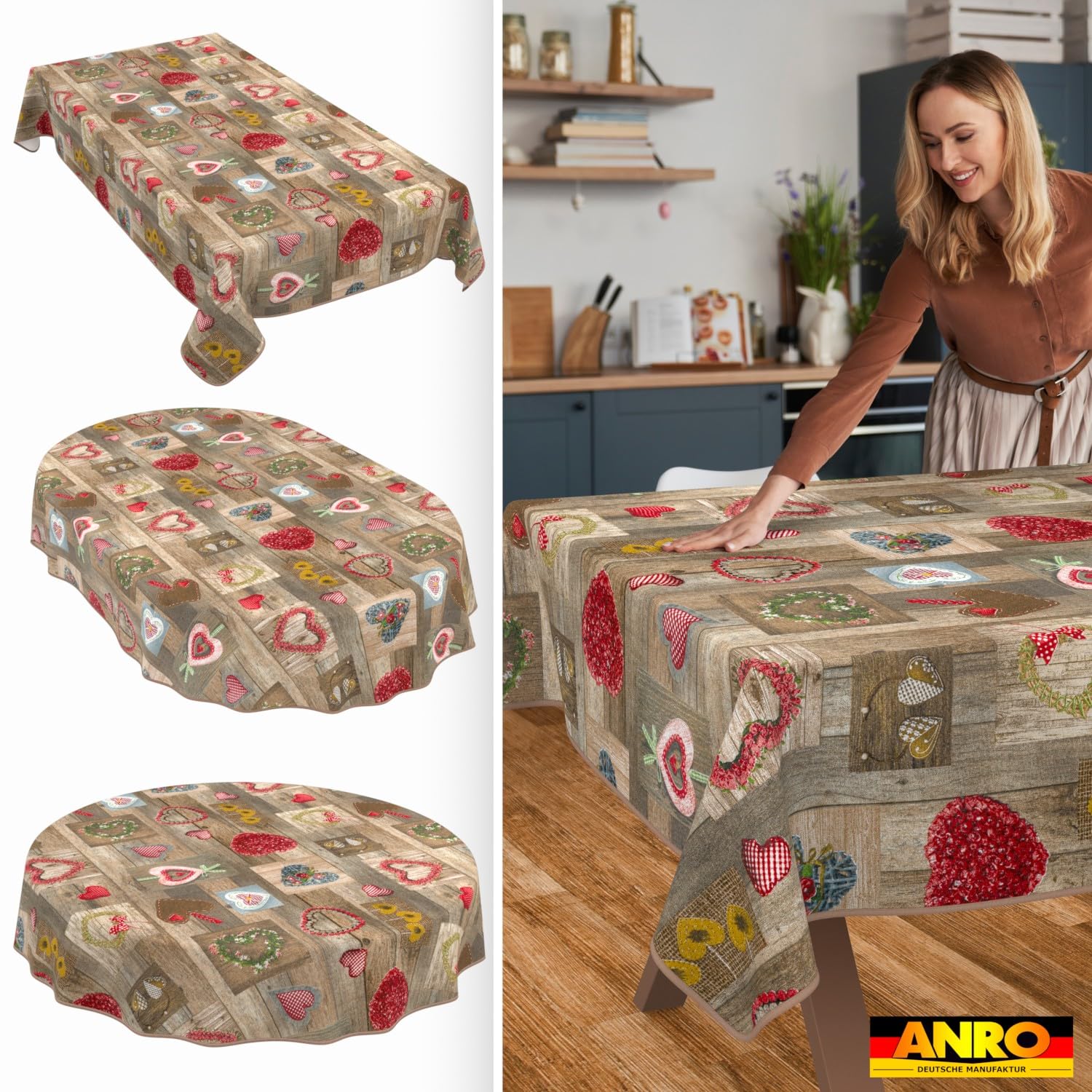 ANRO Tischdecke abwaschbar Herzen Rechteckig 260 x 140 cm – wasserabweisend Indoor Outdoor, Lotuseffekt, mit Saum