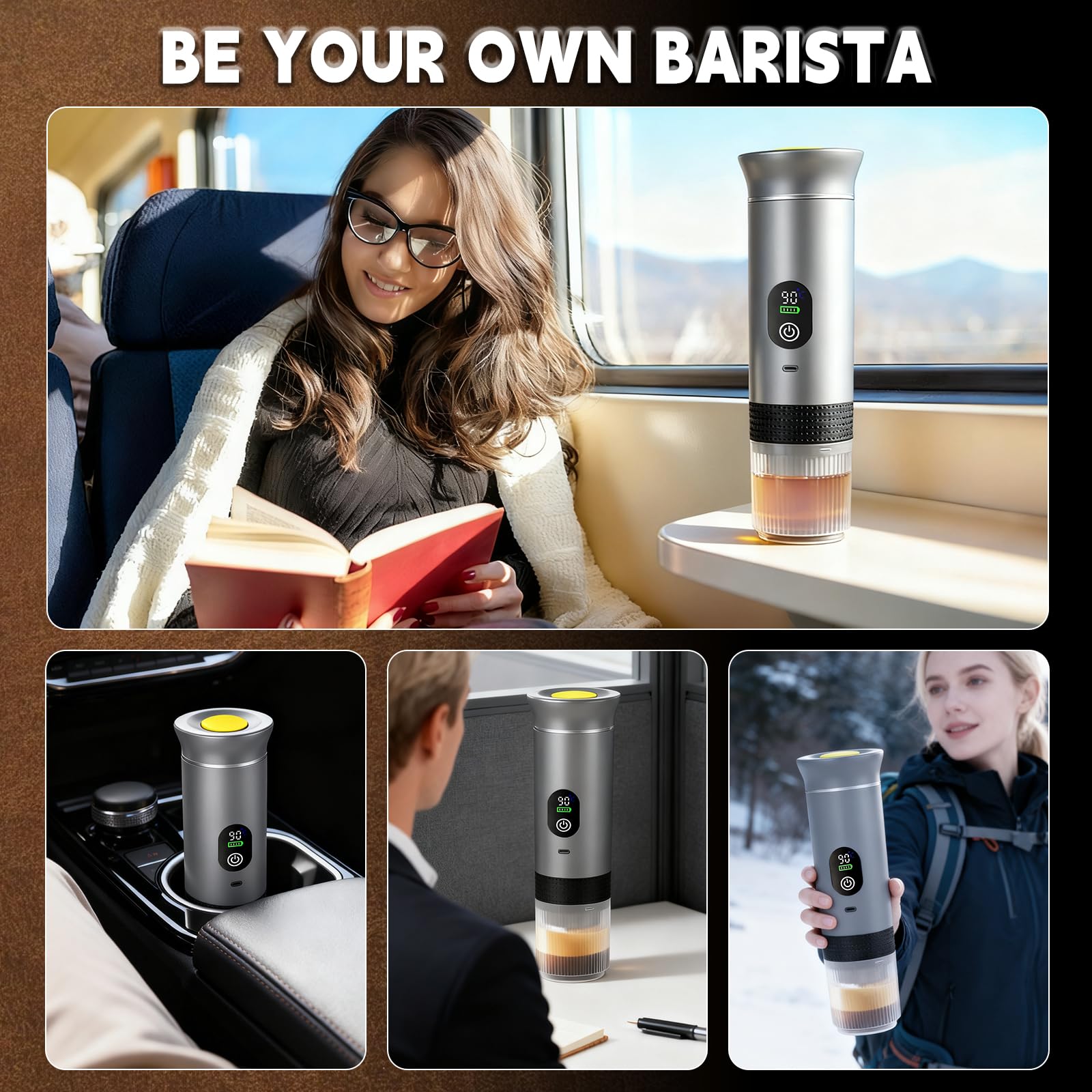 Cafetera espresso portátil compatible, mini cafetera 3 en 1 con batería | con cápsulas grandes, cápsulas pequeñas y café en polvo, calentamiento rápido, cafetera automática con pantalla