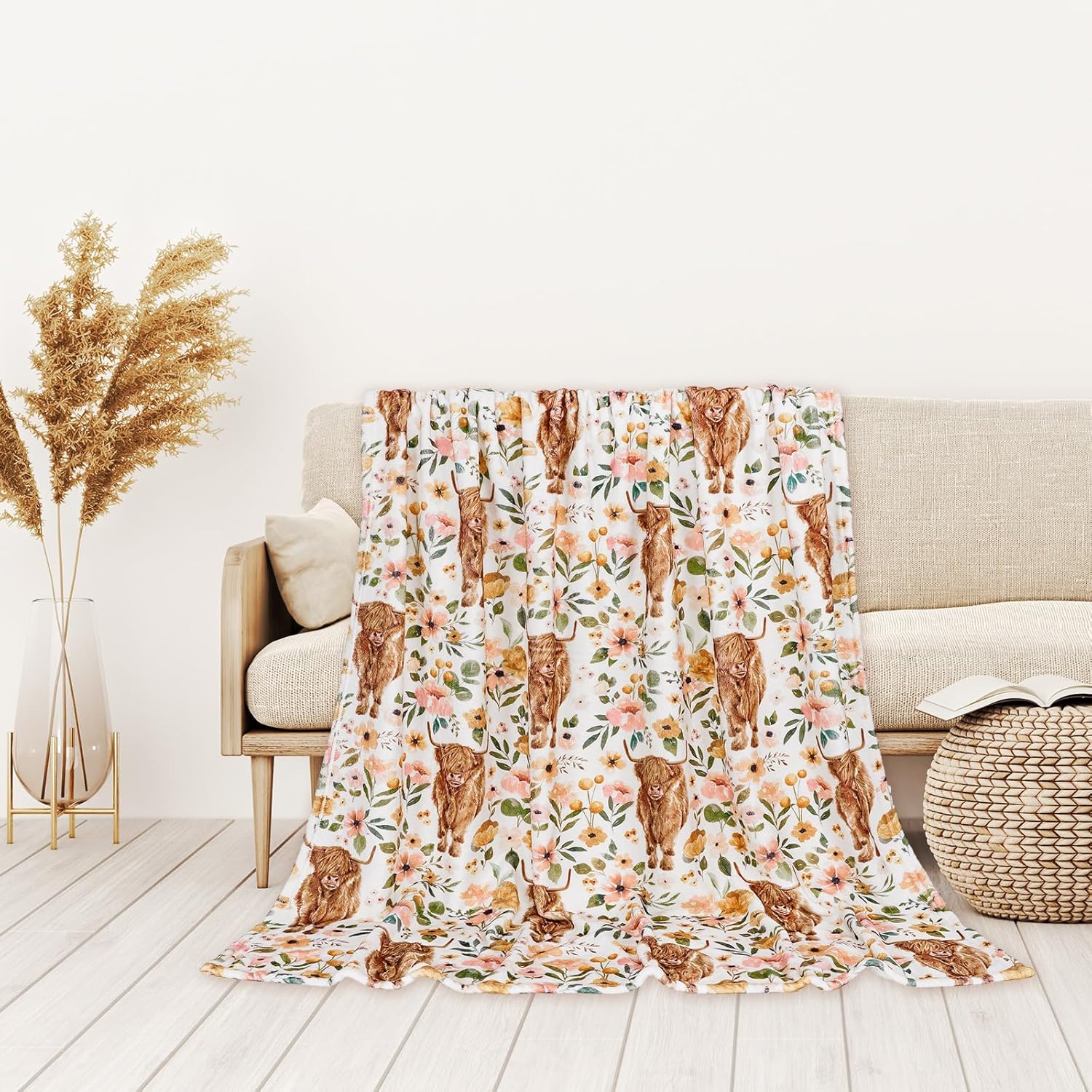 JarThenaAMCS Floral Highland Cow Fuzzy Flannel Blanket 60 x 50 Inch Farmhouse Throw Blanket Watercolor Flower Cow Blanket for Home Chair Sofa Couch Bed - Image 5