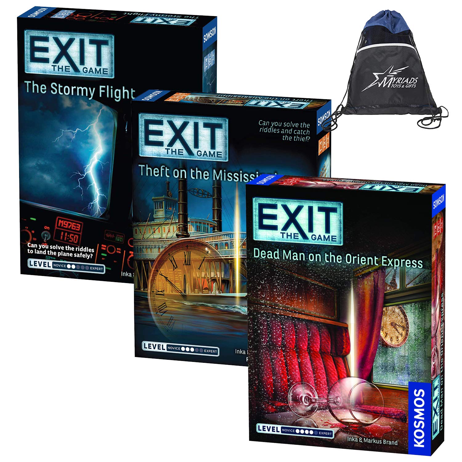 Thames & Kosmos EXIT: The Game World Mystery Set - The Stormy Flight, Theft on The Mississippi, Orient Express with Drawstring Bag