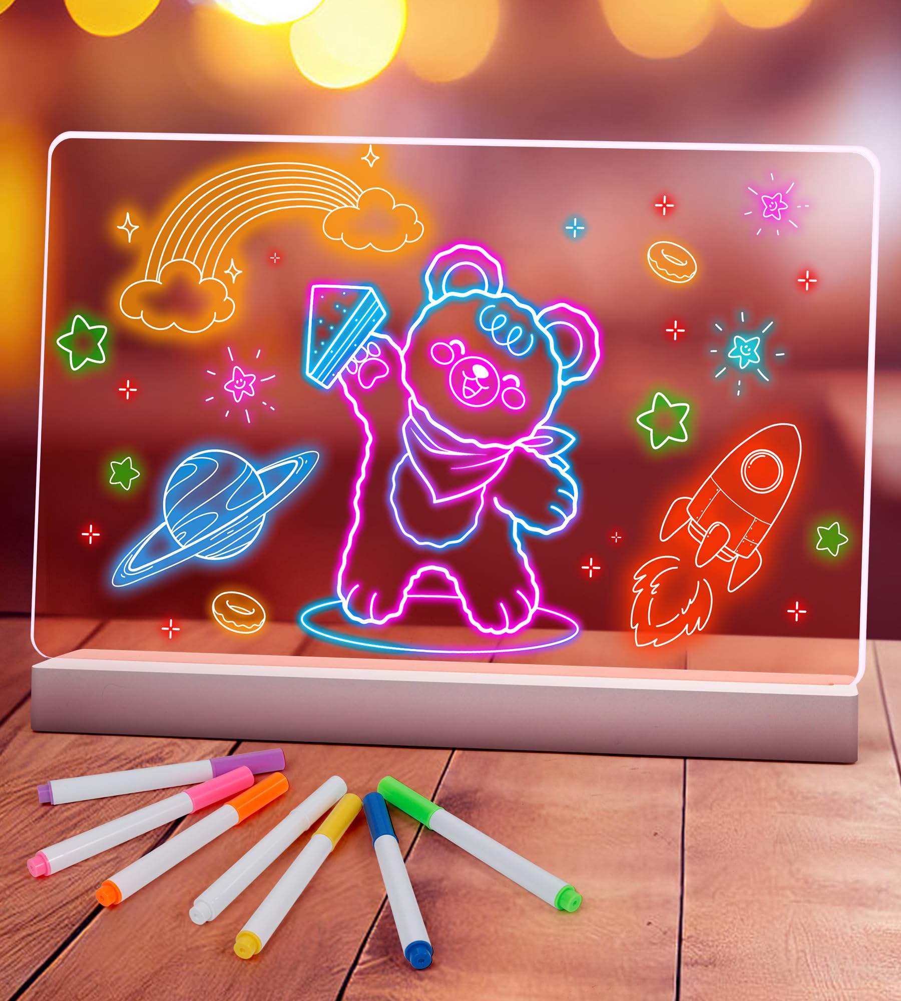 Planche à Dessiner LED Lumineuse Pour Enfants, Tableau Lumineux LED Rechargeable néon Acrylique 7 Stylos de Couleurs,Idéal Comme Décoration de Chambre et Comme Cadeau D'anniversaire/de Noël (35x35 cm)