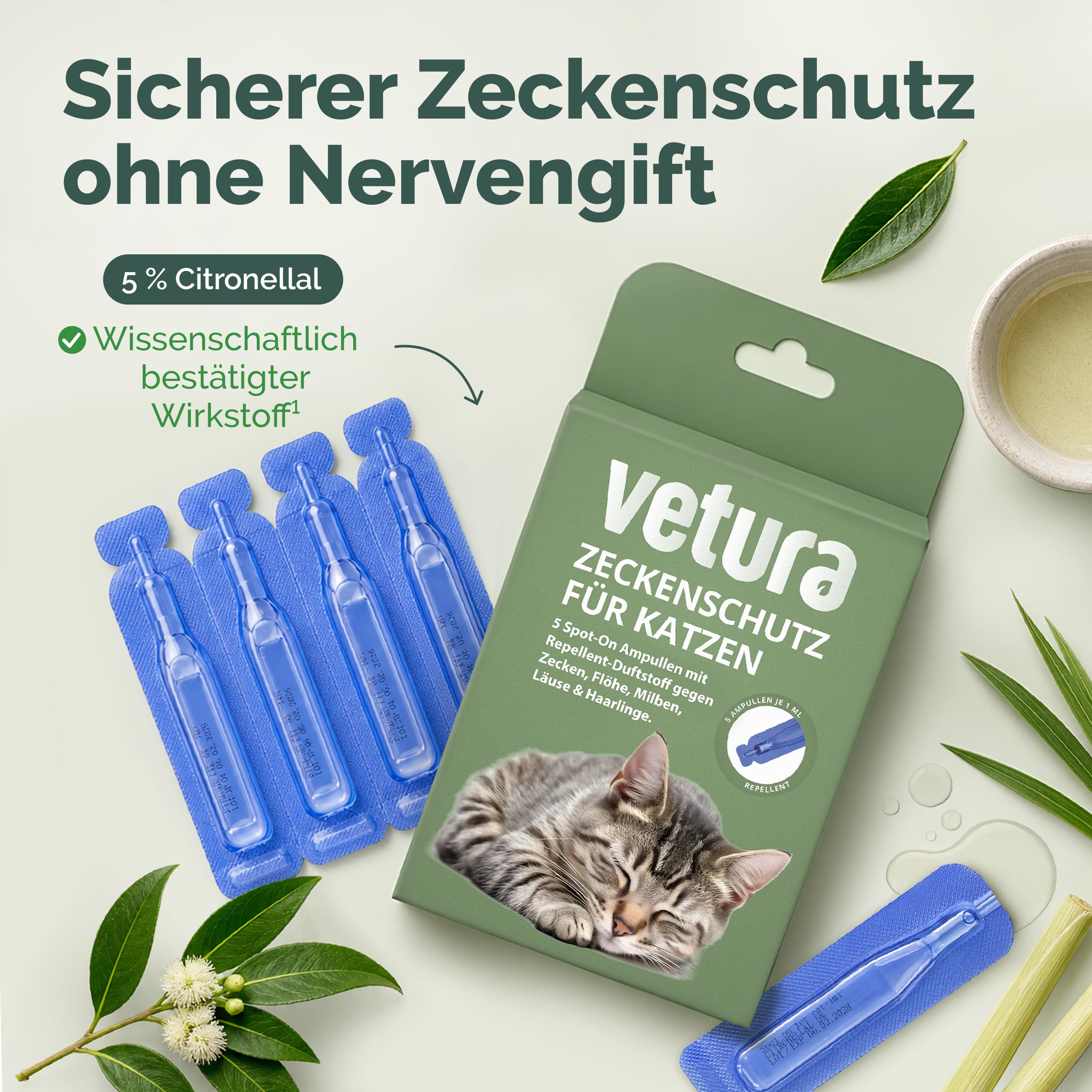 Zeckenschutz für Katzen - Spot-On mit Repellent-Wirkung (Duftstoff) gegen Zecken & Flöhe - 5 Ampullen für 10 Wochen - Für Katzen ab 2 Monaten ohne synthetische Insektizide - Made in Germany