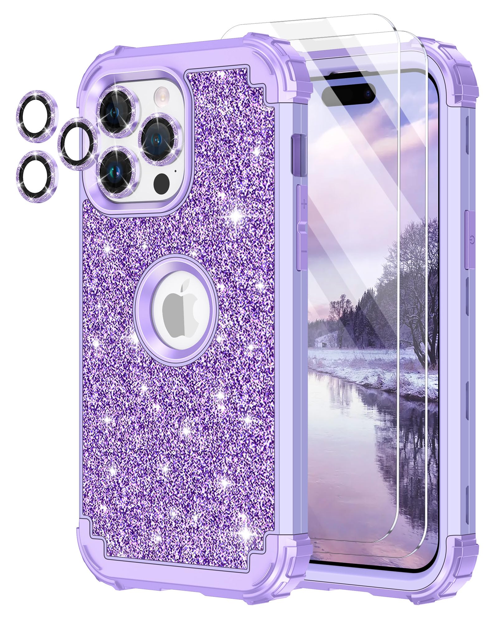 LONTECT for iPhone 15 Pro Max Case Glitter Sparkly Bling 3 in 1 Shockproof Heavy Duty Full Body Sturdy Protective Case for Apple iPhone 15 Pro Max with Screen Protector+Camera Lens Protector,Purple