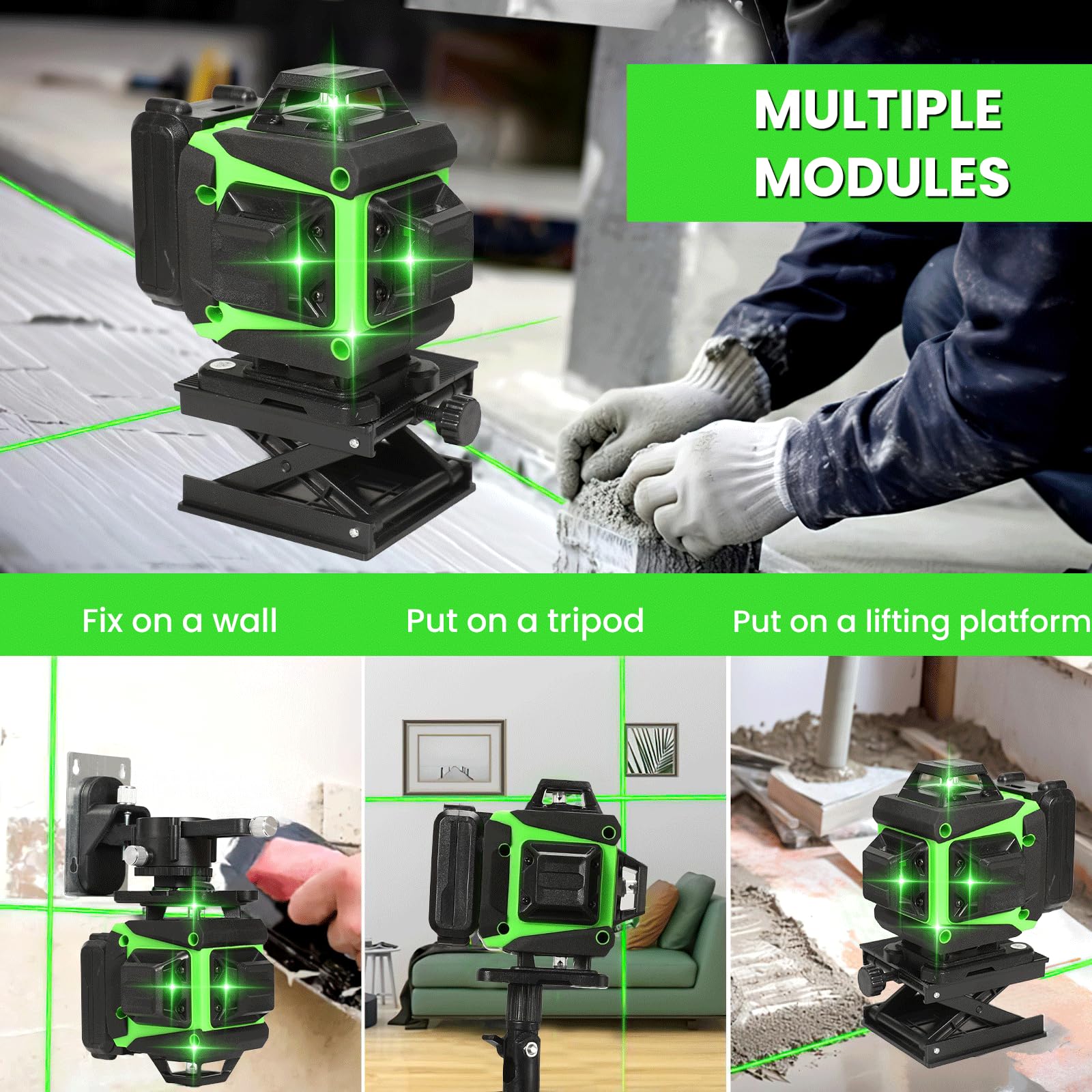 Niveau Laser Chantier Autonivelant 360° x 4 Avec trépied (Noir)