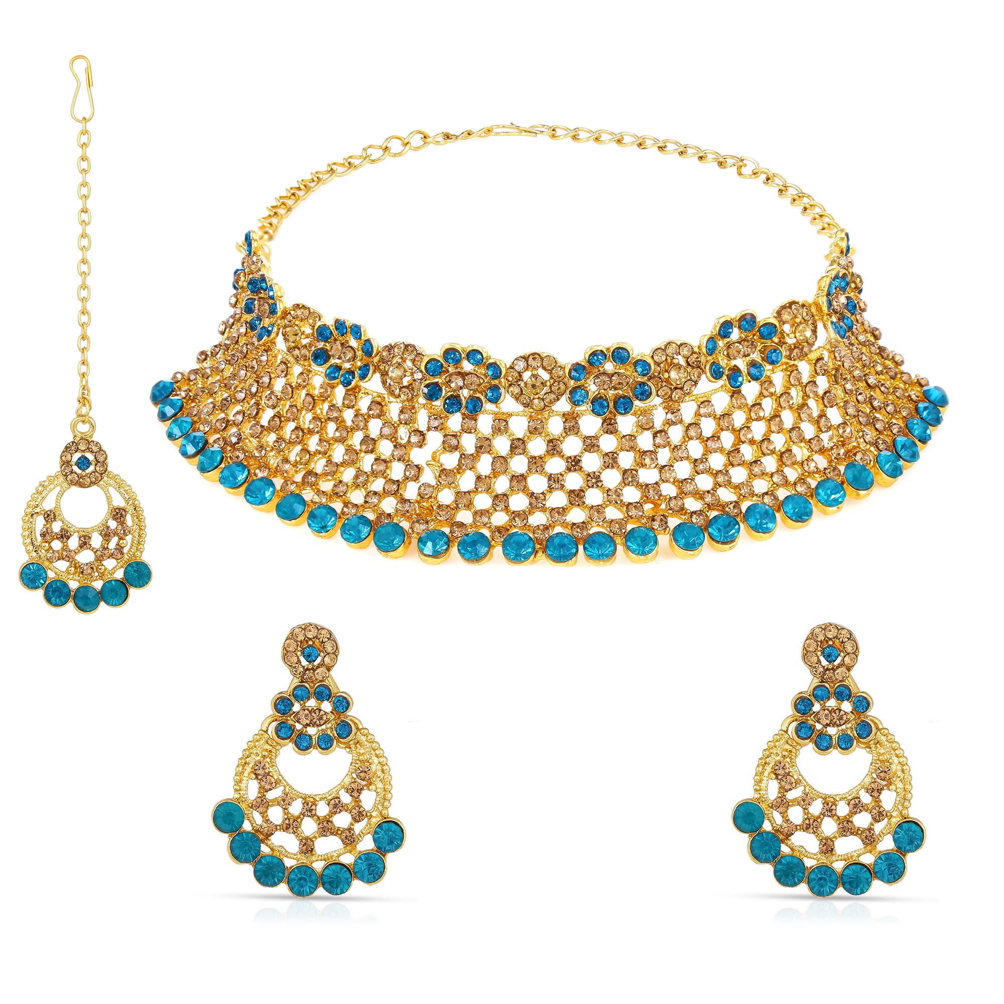 PARNA Jewellery Set Hand Crafted With Diamond Floral Design Gold Plated Traditional Choker Necklace Set,Earrings and Maang Tikka For Women and Girls(Rama Green/Golden) (B09PGKLBPD) Amazon Price History, Amazon Price Tracker