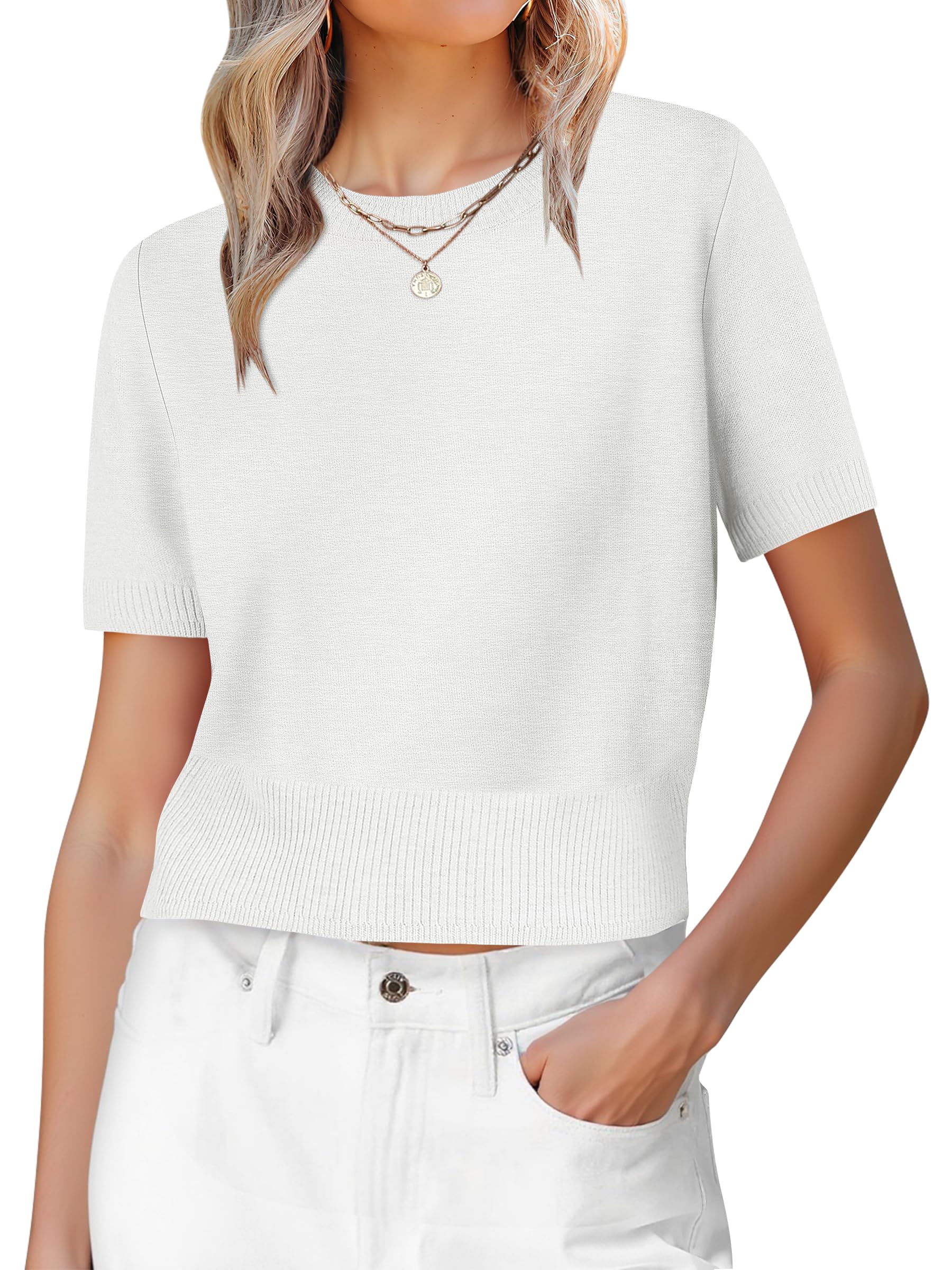 ANRABESS Womens Short Sleeve Sweaters Cropped Crew Neck Business Casual Lightweight Sweater Tops 2026 Spring Summer Outfits