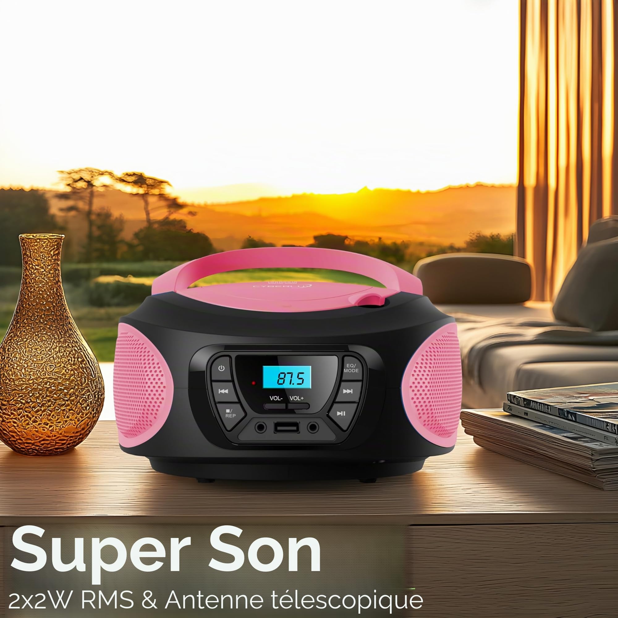 Boombox - Lecteur CD portable - CD/CD-R - USB - Radio FM enfants - Entrée AUX-IN - Prise casque - Chaîne stéréo - Système compact - Rose vif (Pretty Pink)