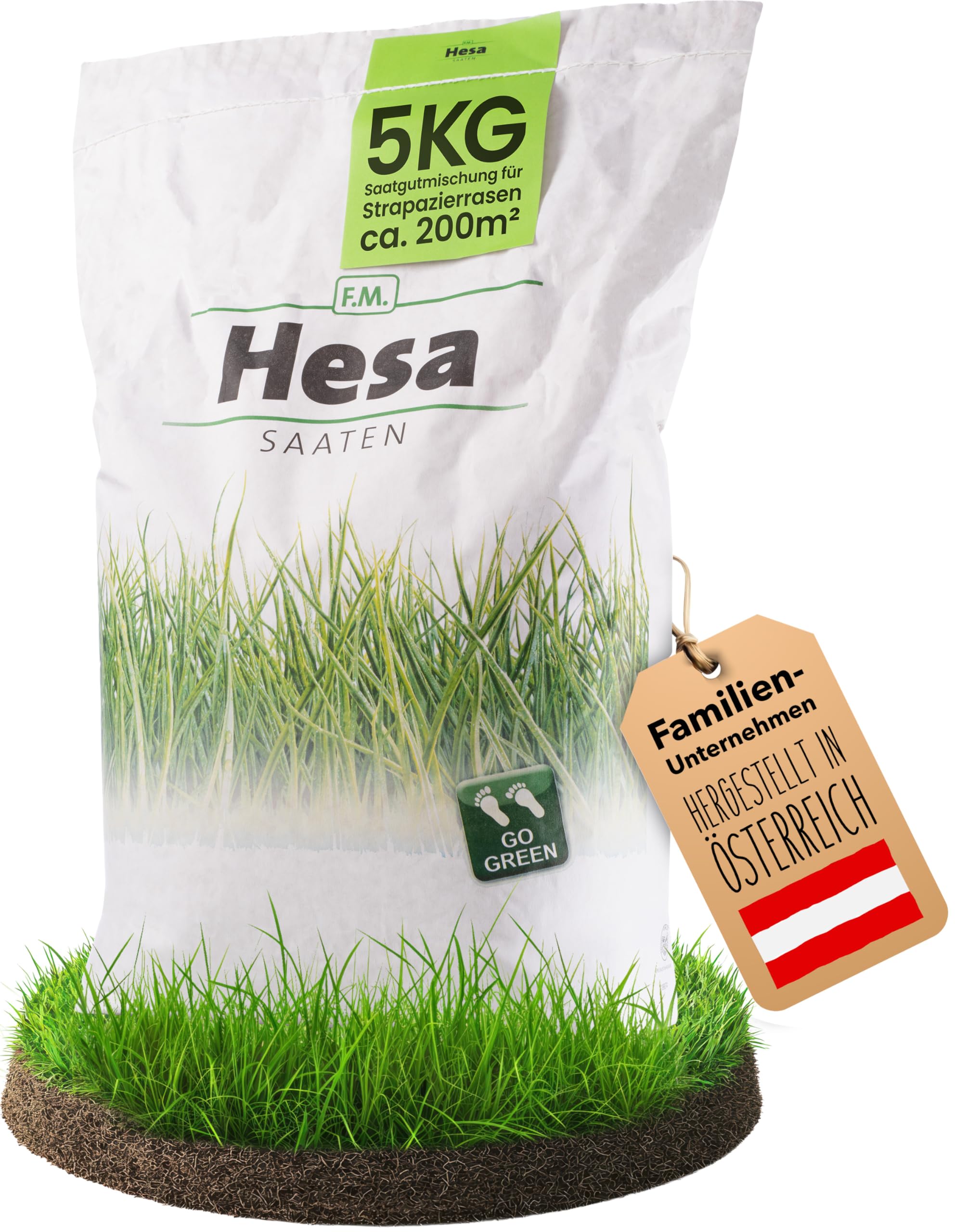 Hesa Sportrasen Strapazierrasen Rasensamen, 5 kg für ca. 200 m², schnellkeimende Rasensaat in RSM-Qualität für Neuansaat & Nachsaat, robuste dichte Grasnarbe für Spiel, Garten & Sport, Made in Austria