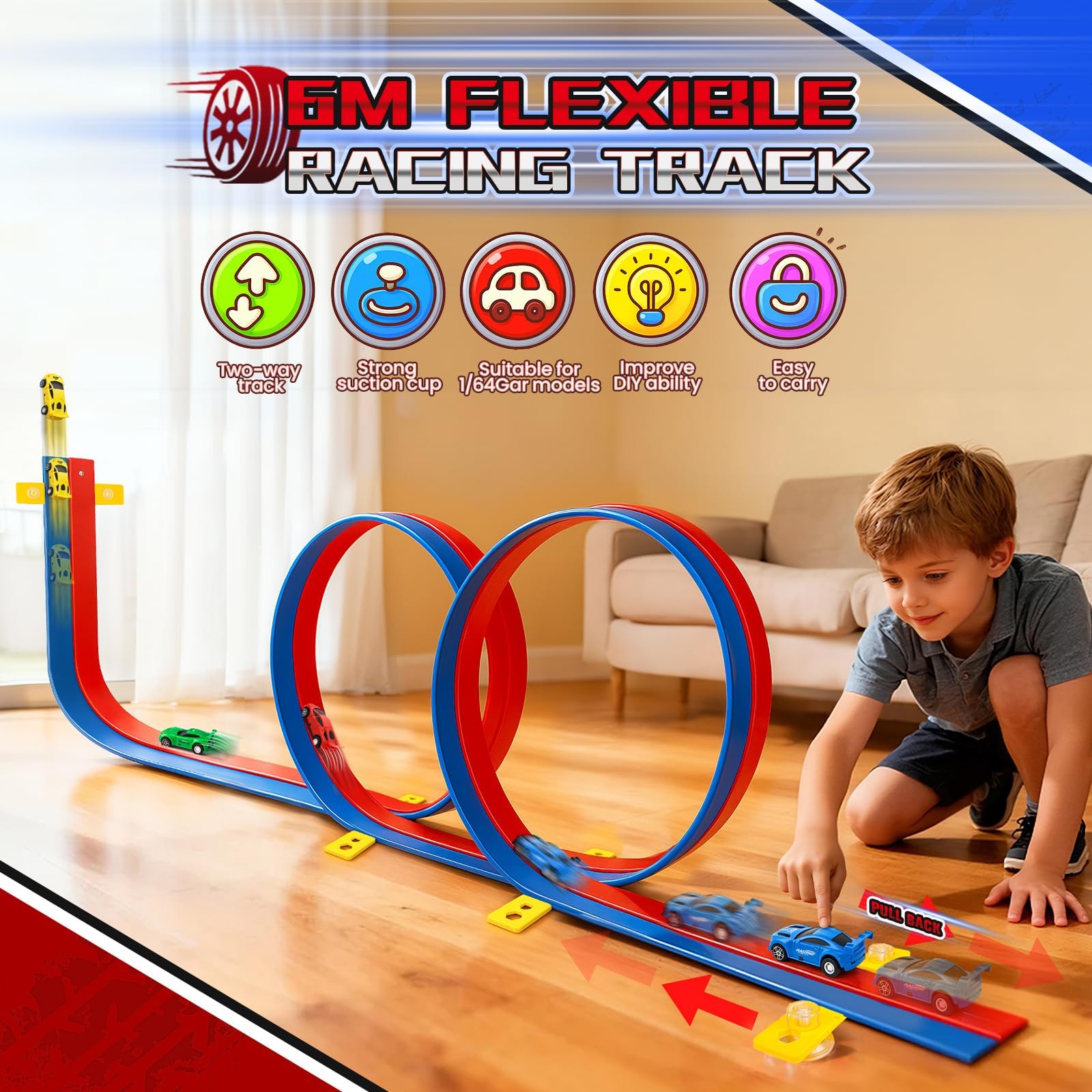 Pista Macchinine Arrotolabile 6M per Bambini 3 4 5 6 7 Anni, Giocattolo Circuito di Corse Flessibile e Portatile con 4 Auto, Compleanno Natale Regalo per Ragazzi e Ragazze, Blu e Rosso