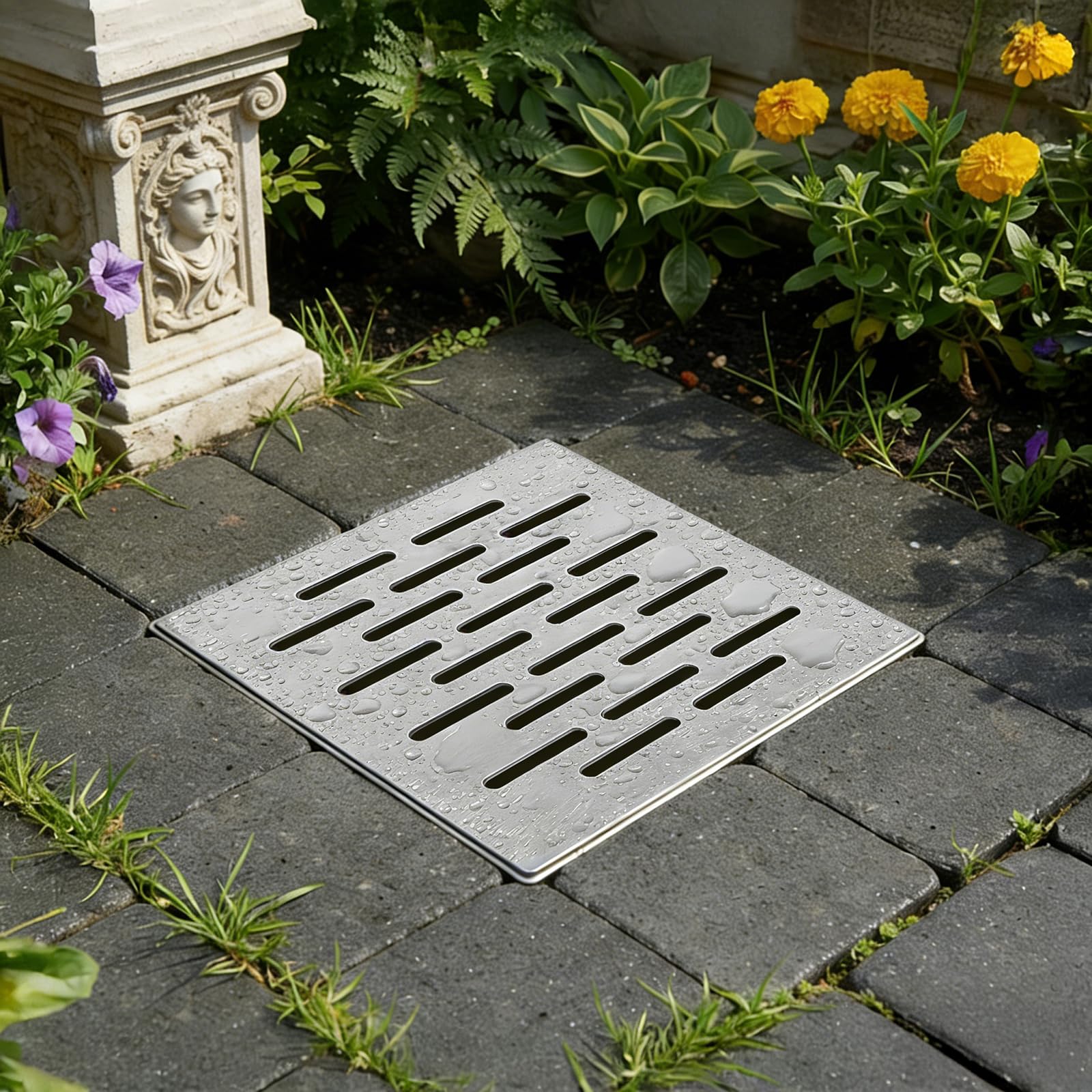 DBREAKS Copertura Scarico a Pavimento in Acciaio Inox con Telaio, griglia di Scarico Quadrata, Antiscivolo, Copertura per Scarico per Esterni, Giardino, terrazza (200 x 200 x 20 mm)