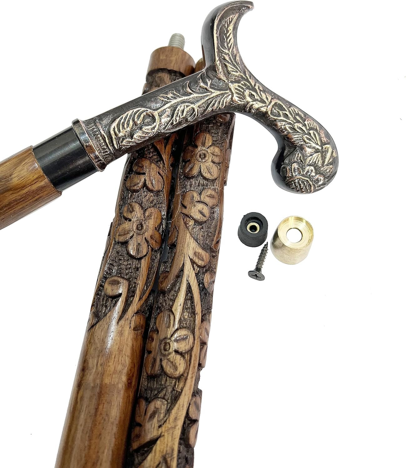 “Elegant Wooden Walking Stick with Handcrafted Floral Brass Handle – Stylish Men’s & Women’s Cane for Walking Support, Gifts & Everyday Use”