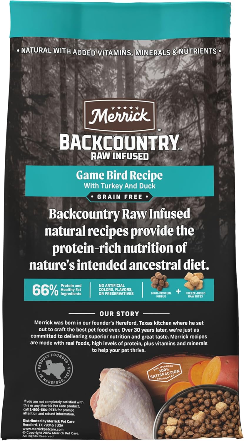 Merrick Backcountry Grain Free Dry Adult Dog Food, Kibble With Freeze Dried Raw Pieces, Game Bird Recipe - 20.0 lb. Bag