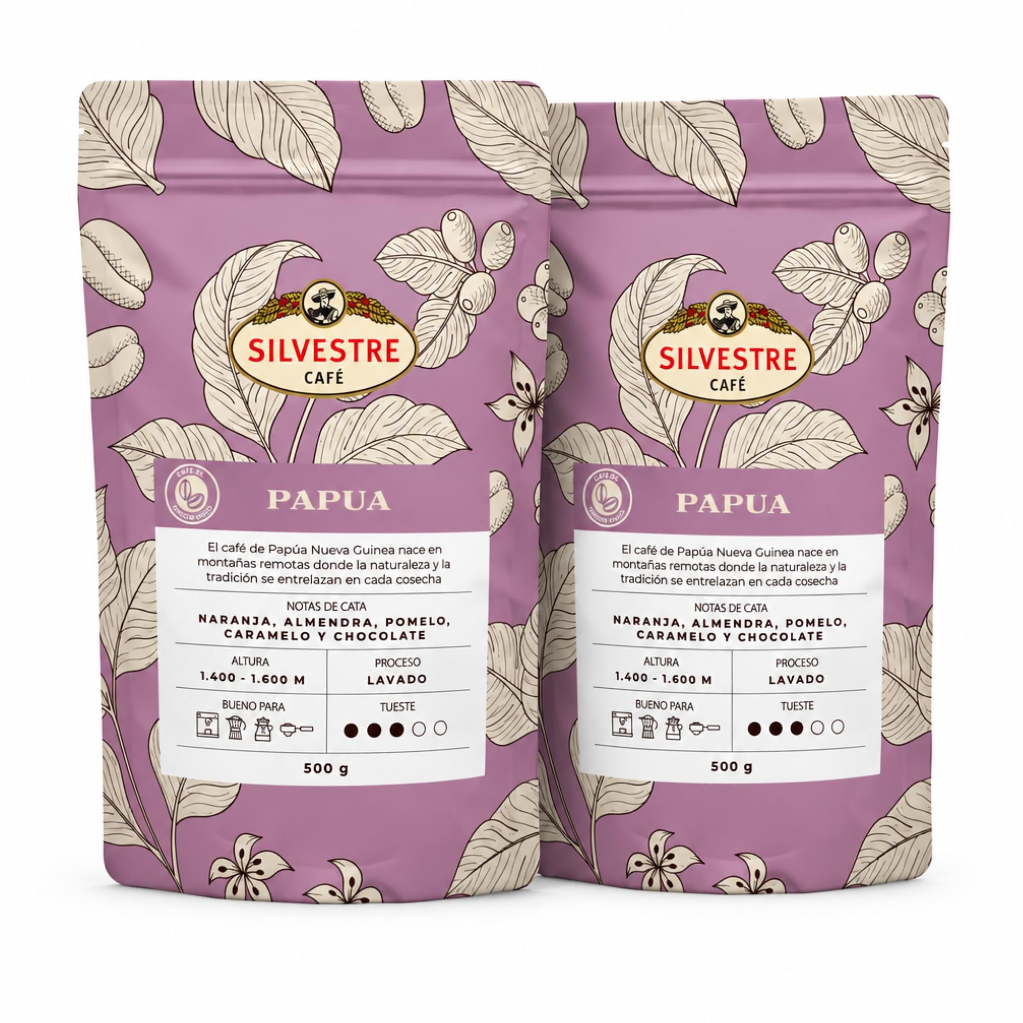 Café Silvestre Pack Café en Grano Papúa Nueva Guinea 100% Arábica 1kg 2x500 g