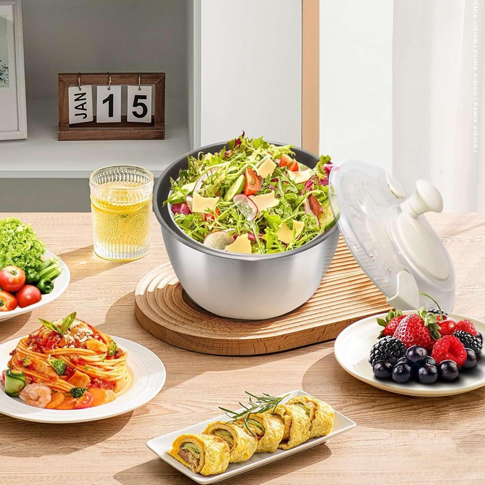 Centrifugadora de Lechuga de Acero Inoxidable con Tapa, Recipiente, Escurridor y Base Antideslizante. Manual Compacto con de Apertura Rápida.
