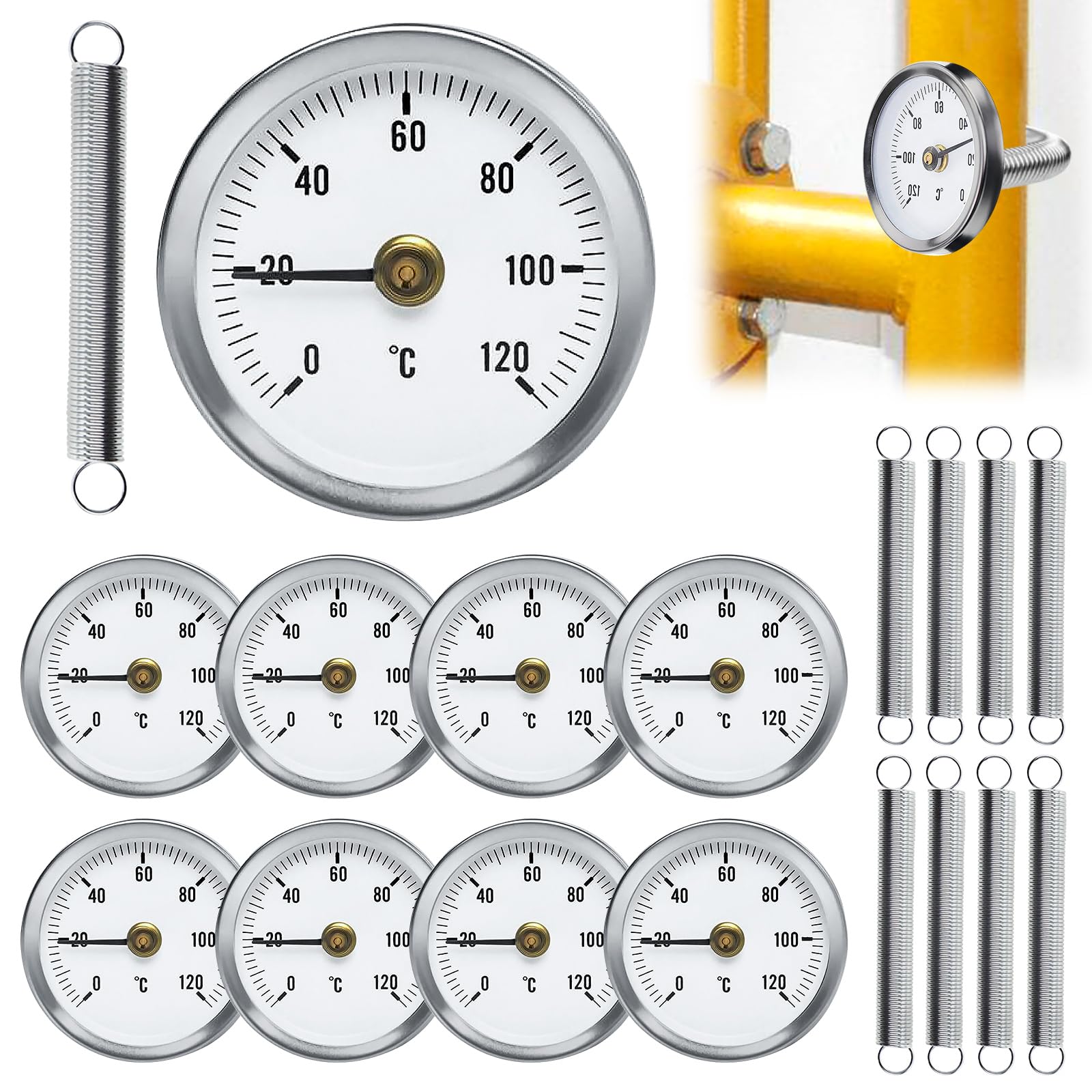 Lot de 8 thermomètres tubulaires avec ressort à clip - Thermomètre à aiguilles 0-120 °C - 63 mm